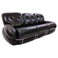 Mid-Century Modern Black Leather Sofa, Italy, 1960s