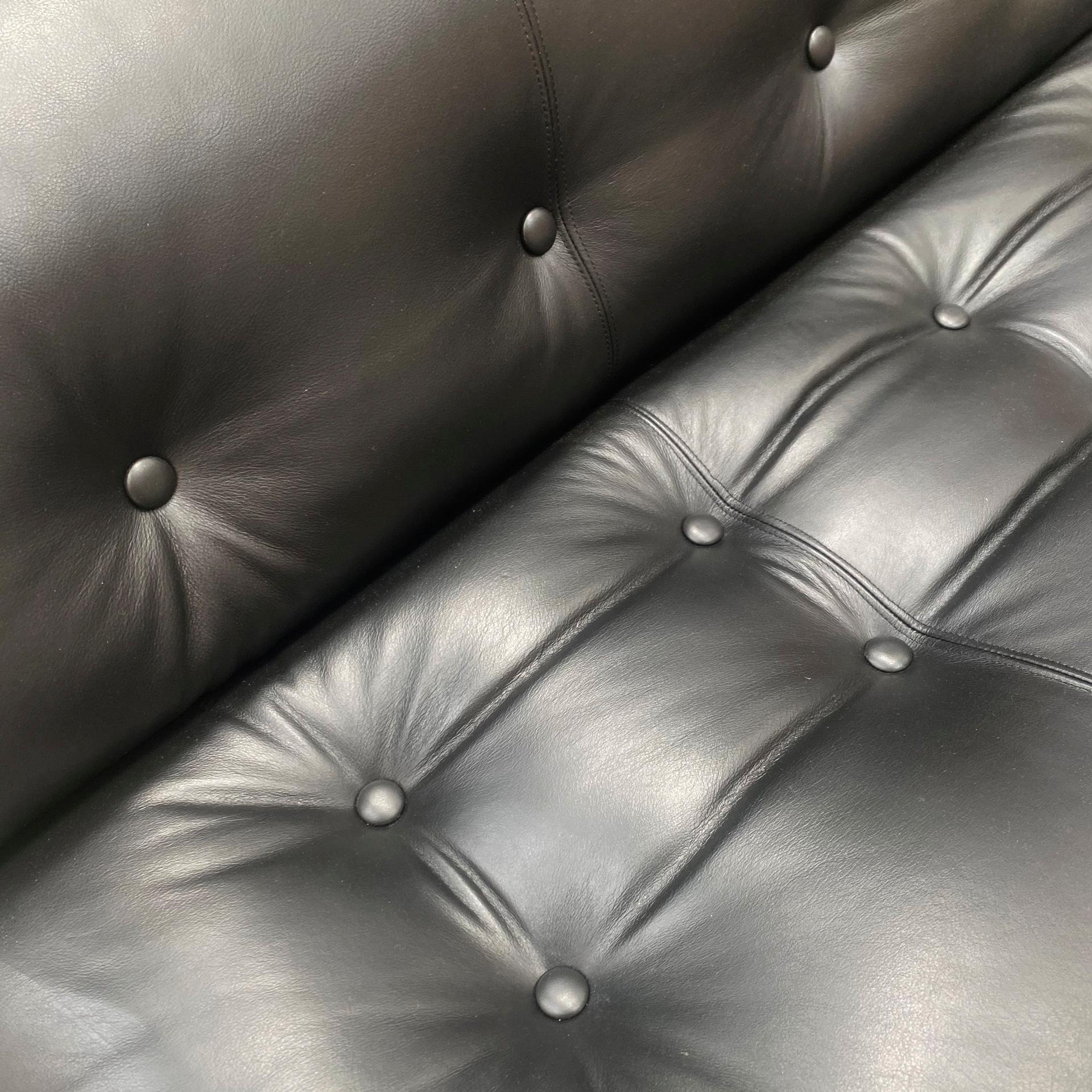 Steel Mid-Century Modern Reupholstered Black Leather Soriana Italian Sofa, Vintage For Sale