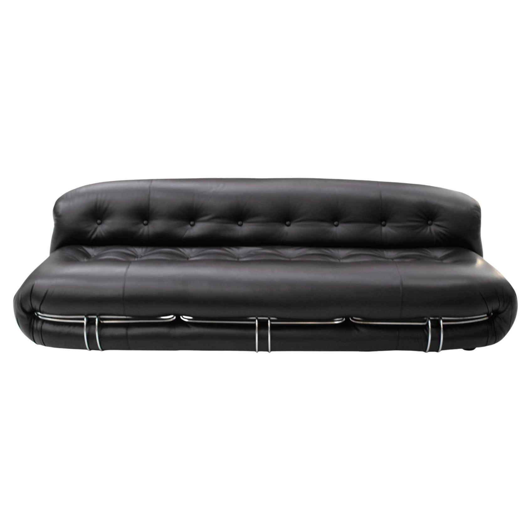 Mid-Century Modern Reupholstered Black Leather Soriana Italian Sofa, Vintage