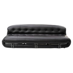Mid-Century Modern Reupholstered Black Leather Soriana Italian Sofa, Used