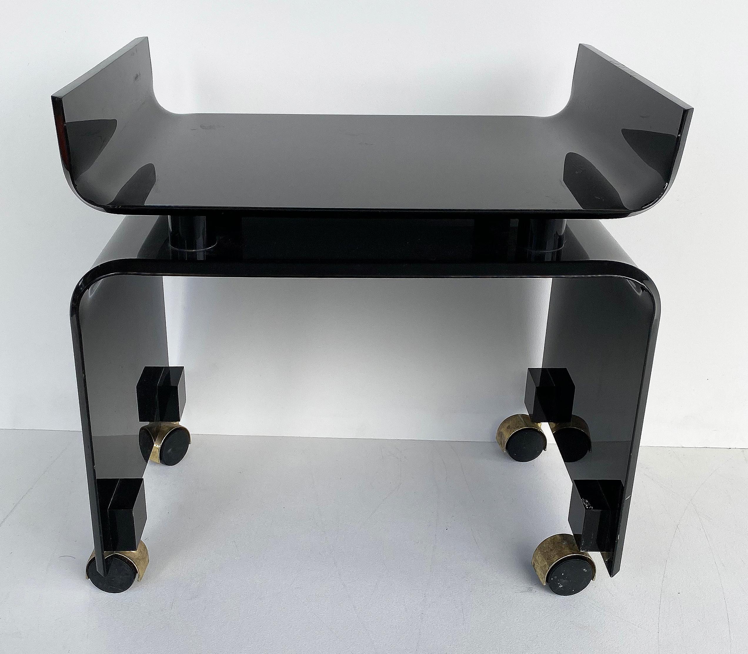 American Mid-Century Modern Black Lucite Vanity Bench on Casters