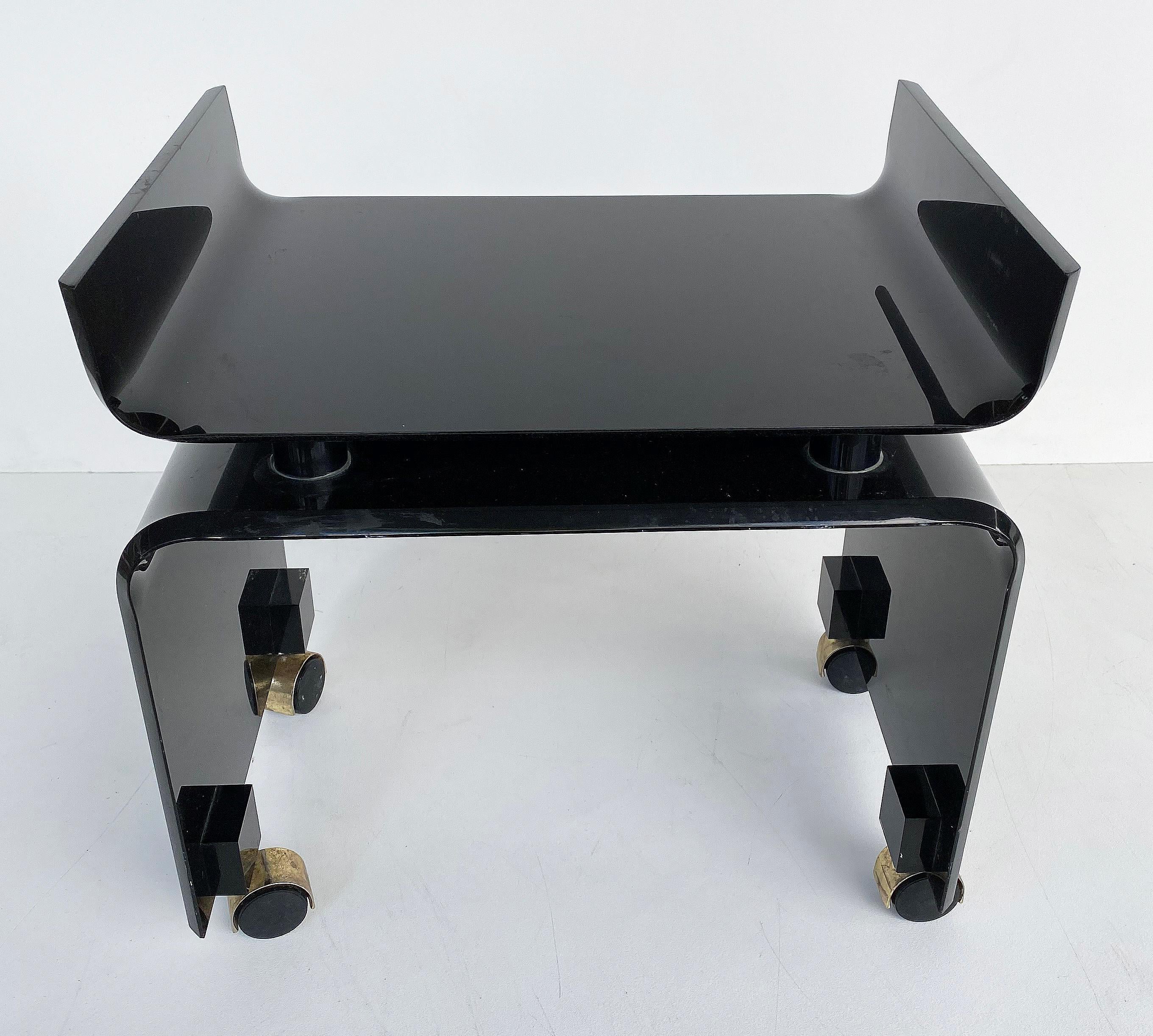 Mid-Century Modern Black Lucite Vanity Bench on Casters In Good Condition In Miami, FL