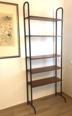 Mid-Century Modern Black Metal and Brown Wood Freestanding Italian Bookcase