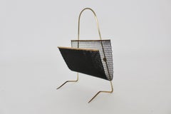 Mid-Century Modern Black Metal Brass Vintage Magazine Rack, 1950s