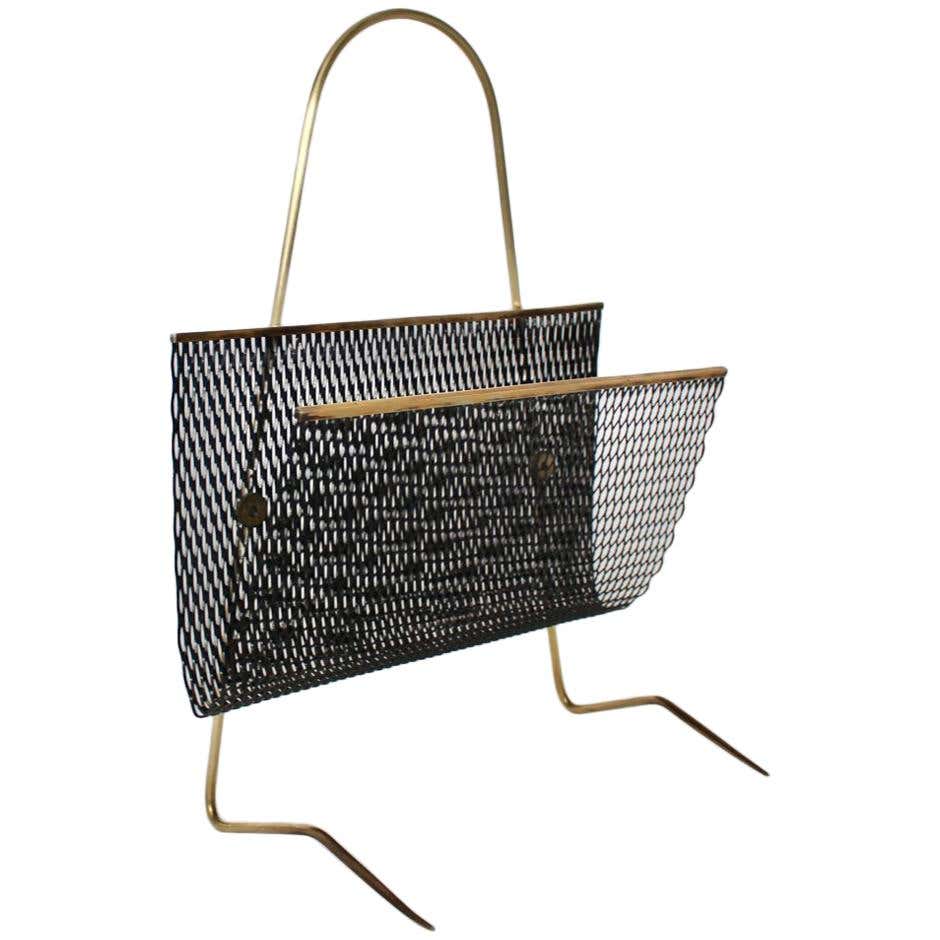 Mid-Century Modern Black Metal Brass Vintage Magazine Rack, 1950s For ...
