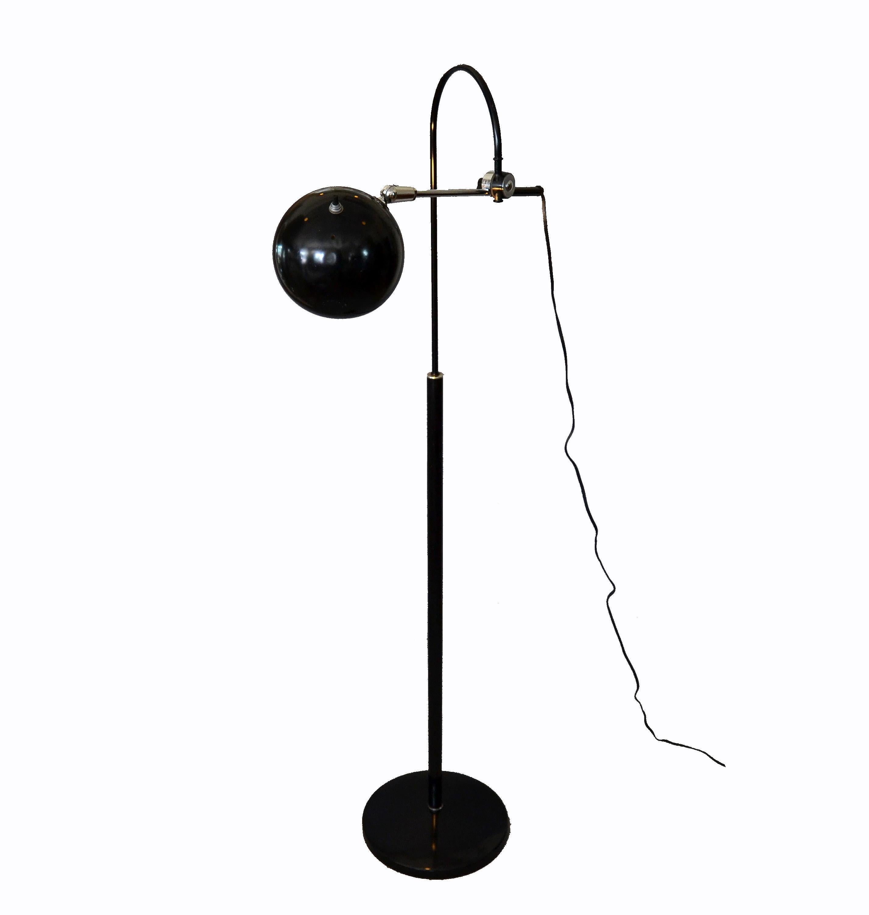 Mid-Century Modern Black Metal Floor Lamp with Adjustable Arm & Round Ball Shade 5