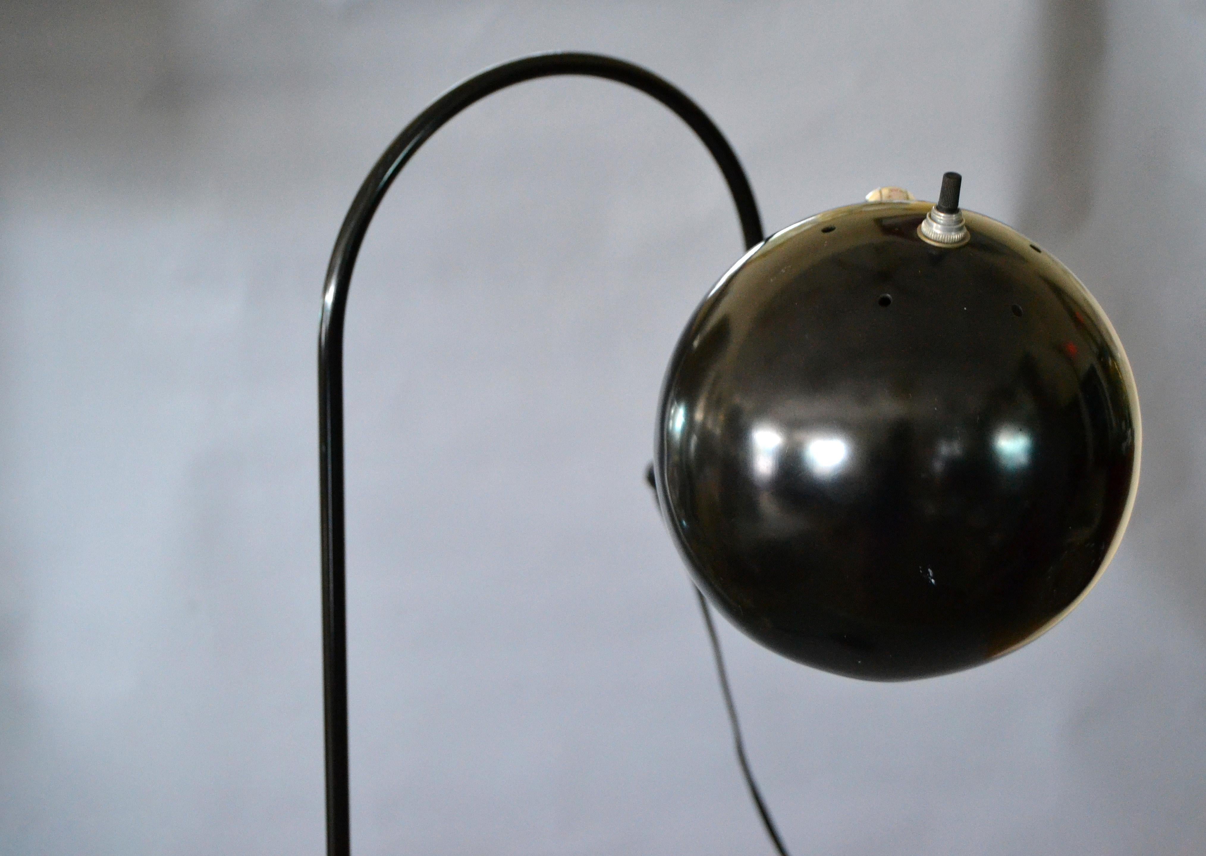 American Mid-Century Modern Black Metal Floor Lamp with Adjustable Arm & Round Ball Shade