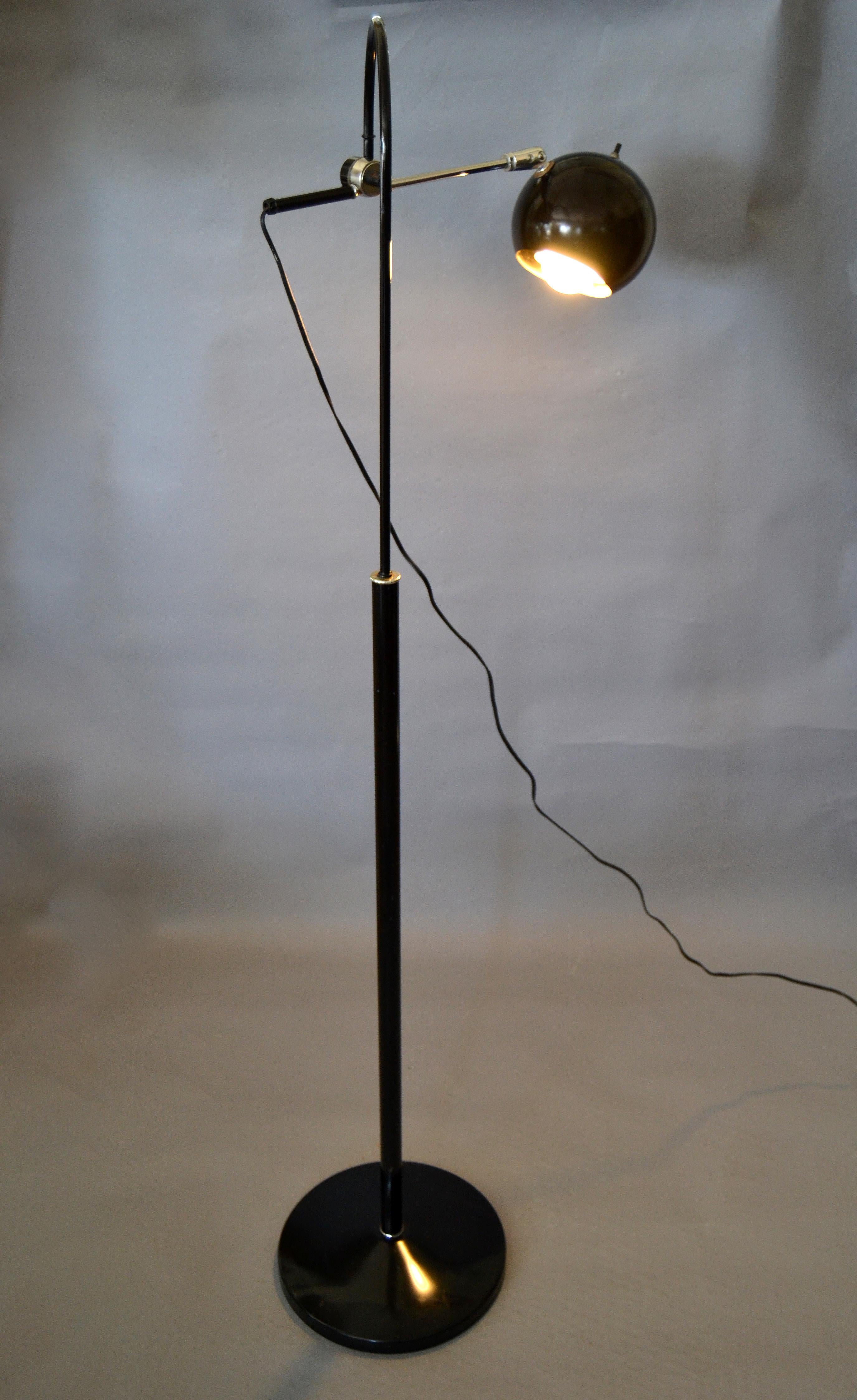 Mid-20th Century Mid-Century Modern Black Metal Floor Lamp with Adjustable Arm & Round Ball Shade