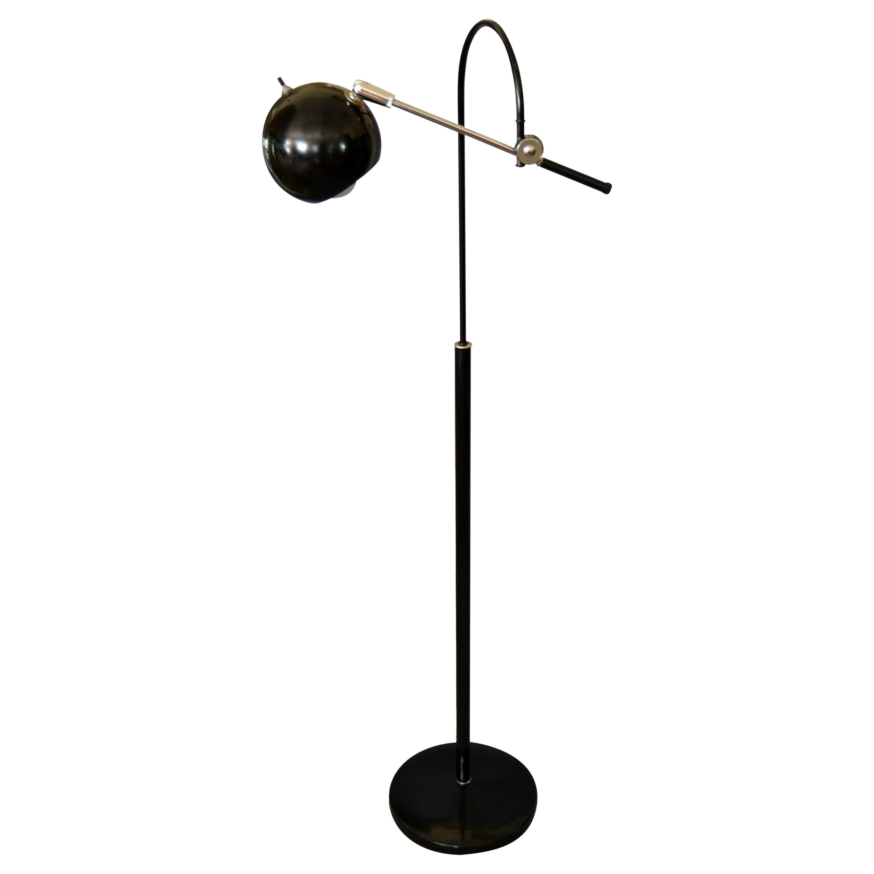 Mid-Century Modern Black Metal Floor Lamp with Adjustable Arm & Round Ball Shade