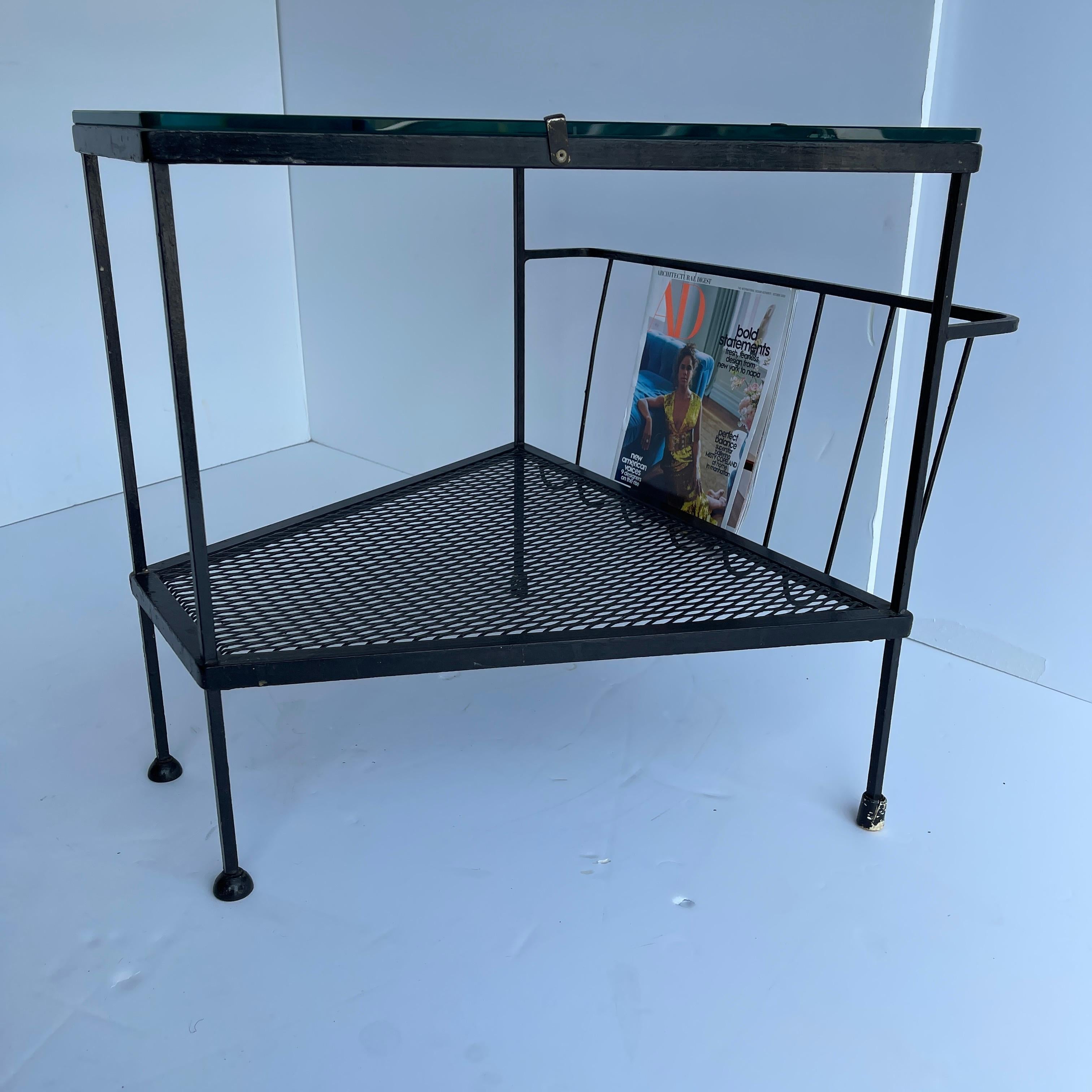 Mid-Century Modern Black Metal Side Table, Magazine Rack with Glass Top 4