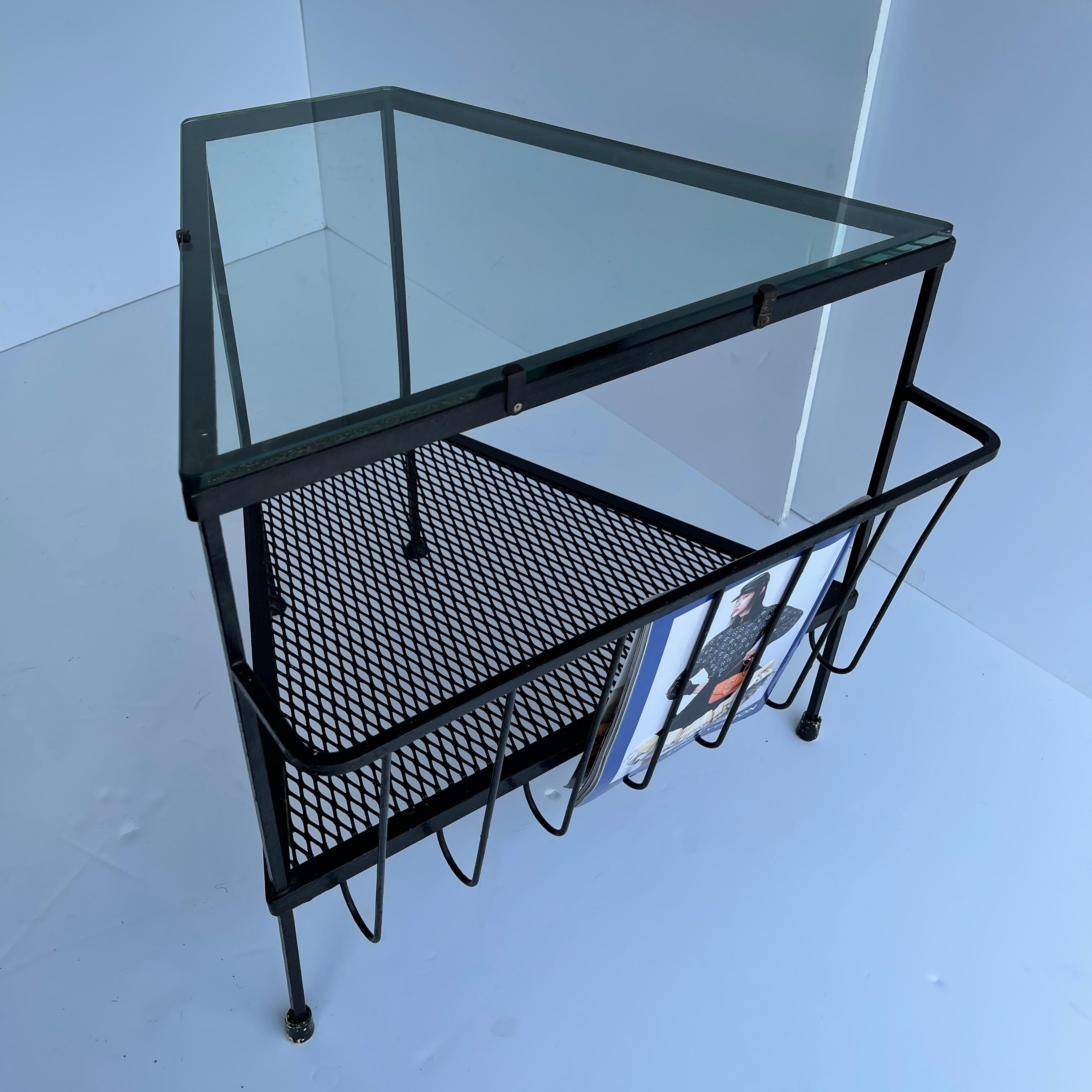 Mid-Century Modern Black Metal Side Table, Magazine Rack with Glass Top 7