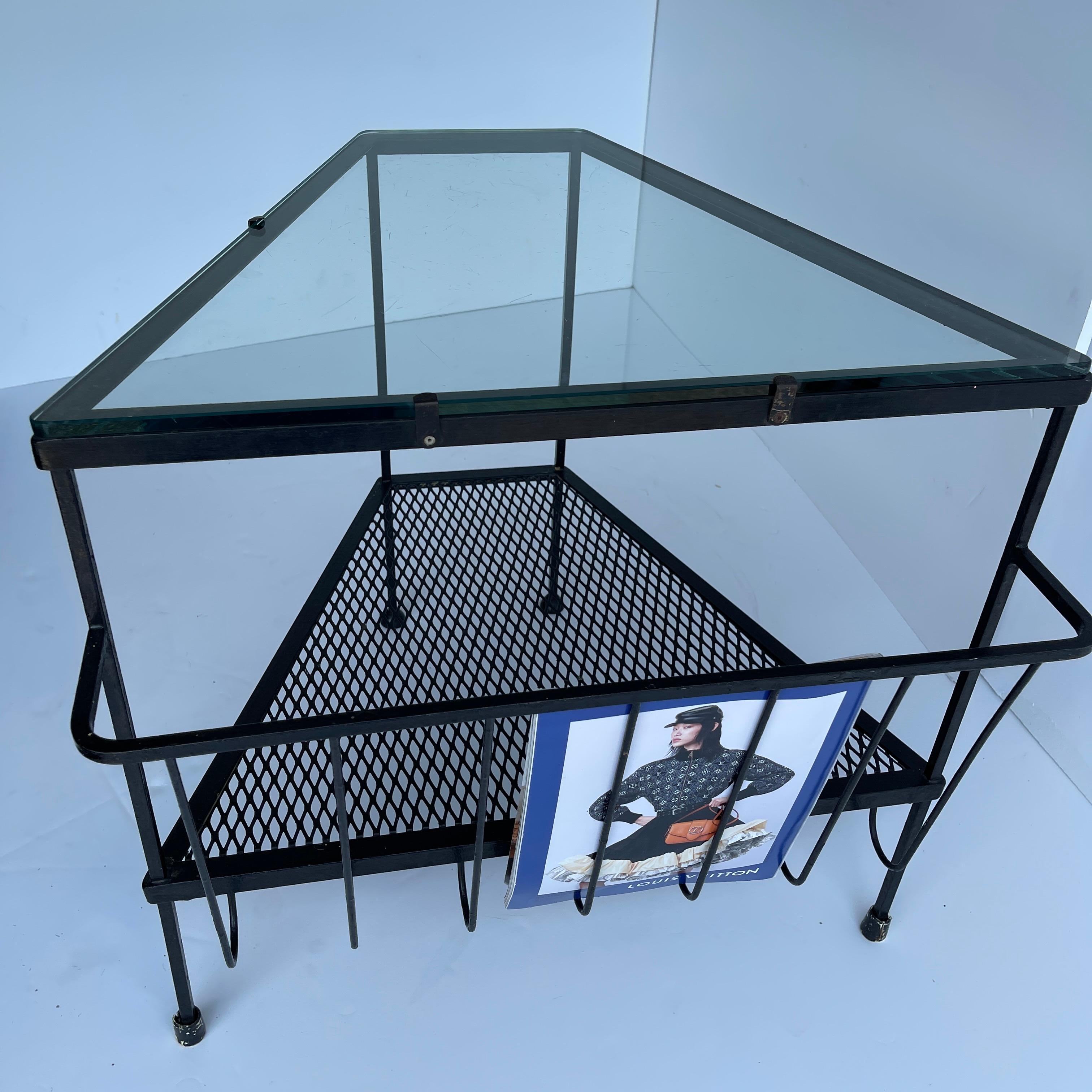 Mid-Century Modern Black Metal Side Table, Magazine Rack with Glass Top 9