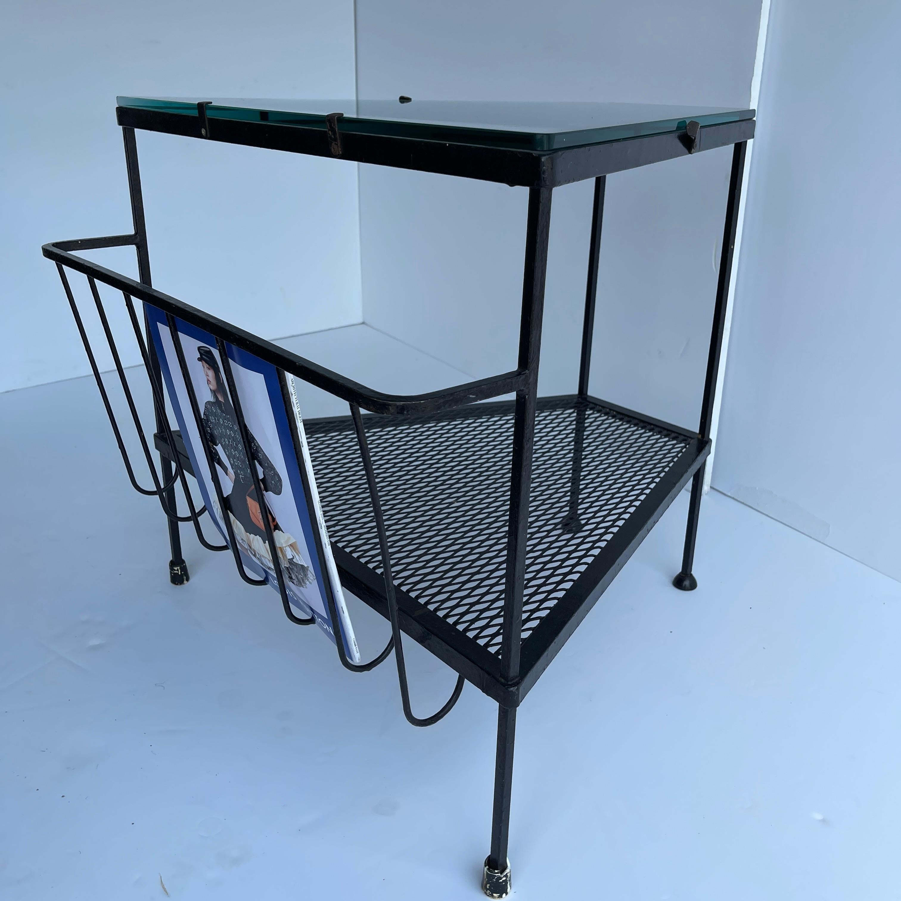 Mid-Century Modern Black Metal Side Table, Magazine Rack with Glass Top 11