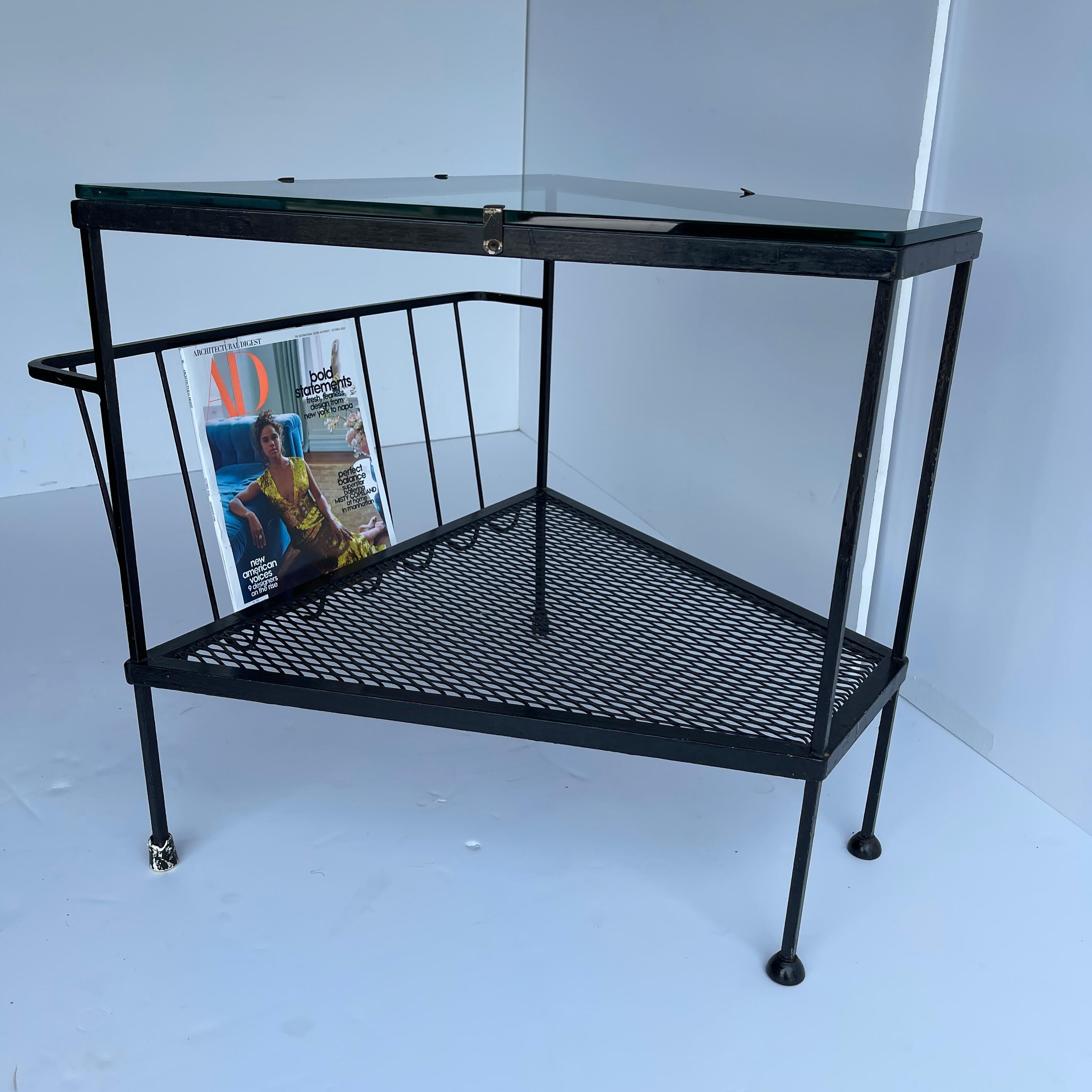 Mid-Century Modern Black Metal Side Table, Magazine Rack with Glass Top 13