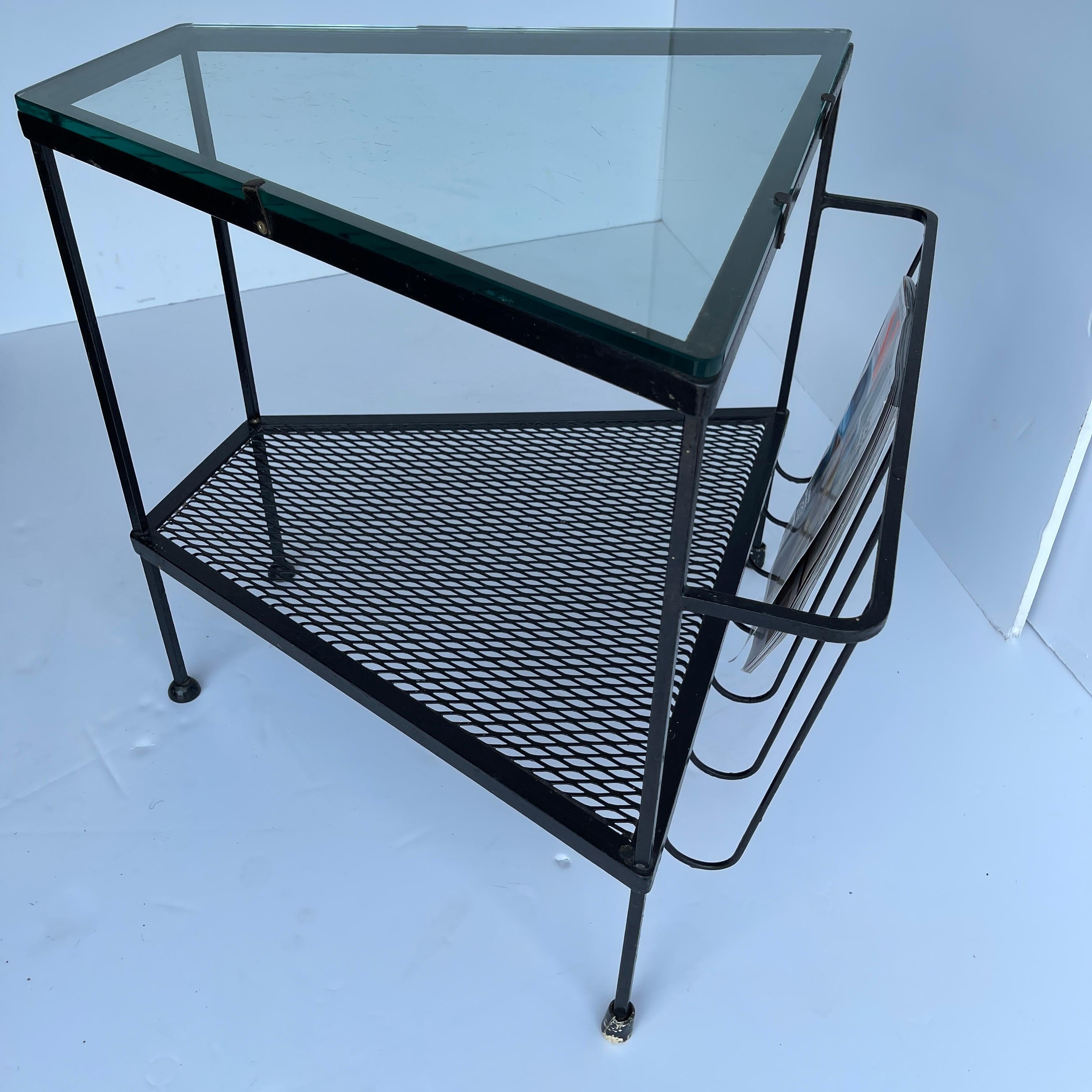 American Mid-Century Modern Black Metal Side Table, Magazine Rack with Glass Top