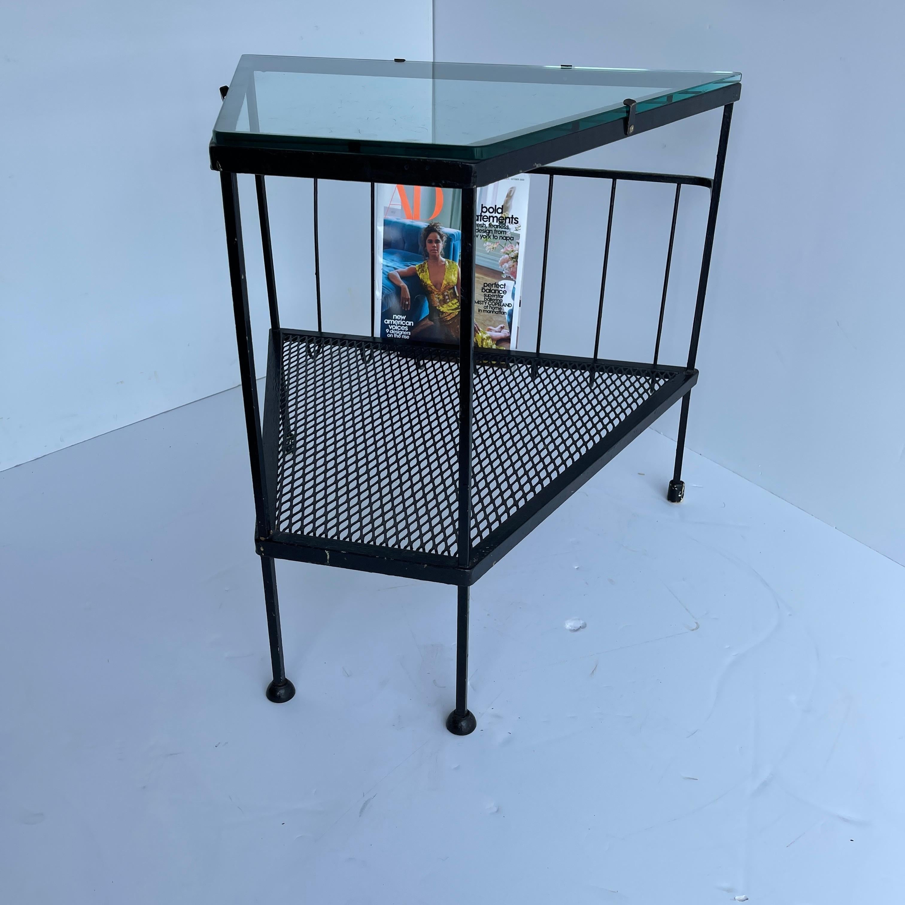 Mid-20th Century Mid-Century Modern Black Metal Side Table, Magazine Rack with Glass Top