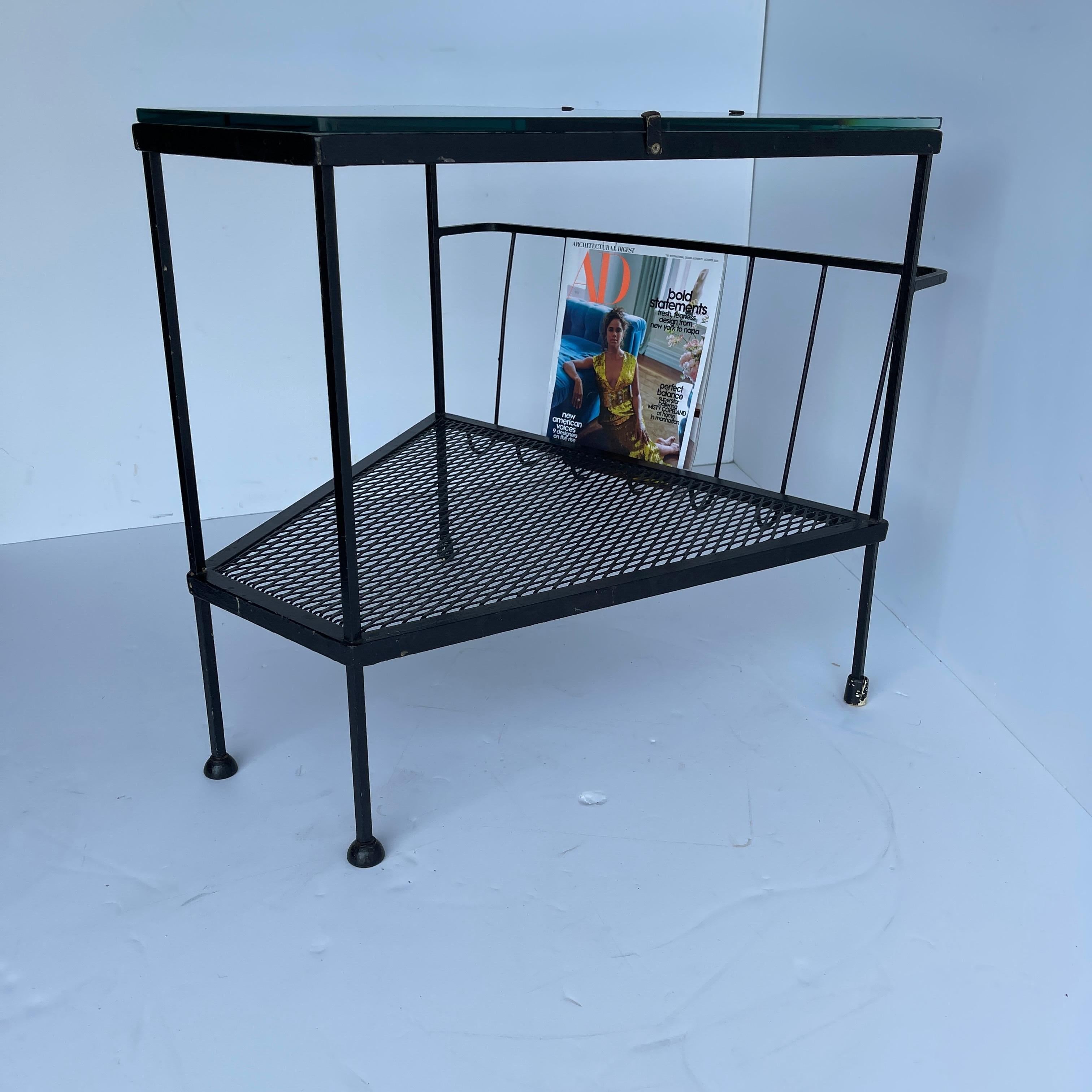 Mid-Century Modern Black Metal Side Table, Magazine Rack with Glass Top 2