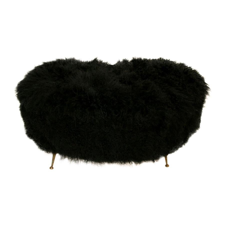 Mid-Century Modern Black Mongolian Goat and Bronze Italian Stool, 1950s In Good Condition For Sale In Madrid, ES