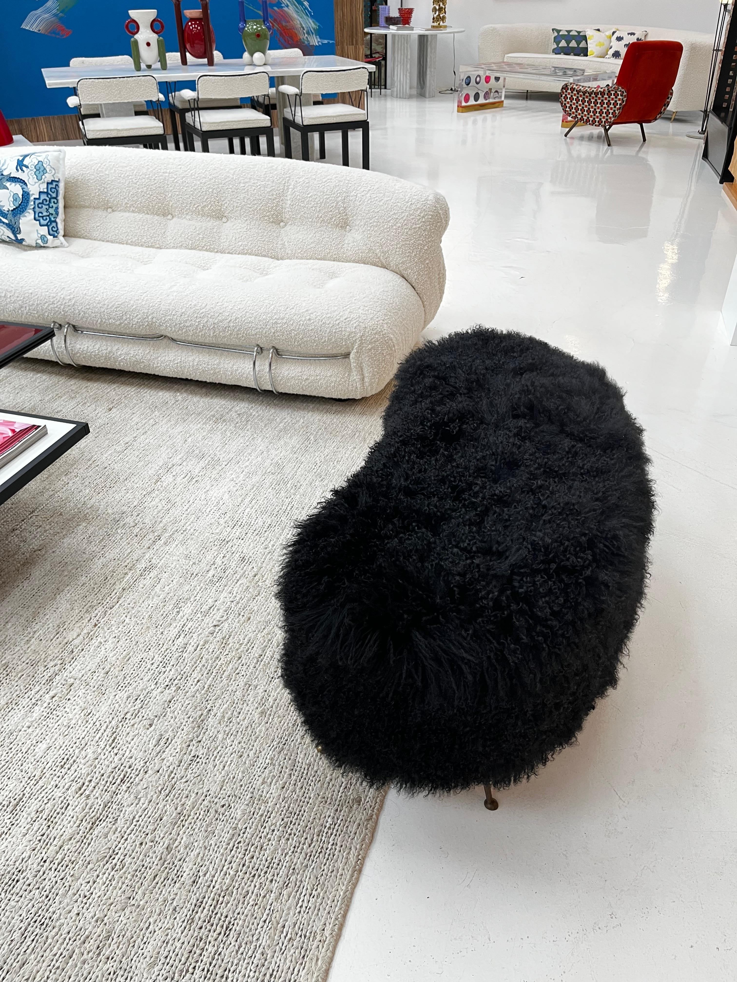 Mid-Century Modern Black Mongolian Goat and Bronze Italian Stool, 1950s For Sale 1