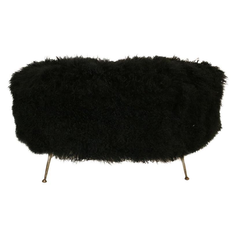 Mid-Century Modern Black Mongolian Goat and Bronze Italian Stool, 1950s For Sale