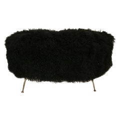 Mid-Century Modern Black Mongolian Goat and Bronze Italian Stool, 1950s