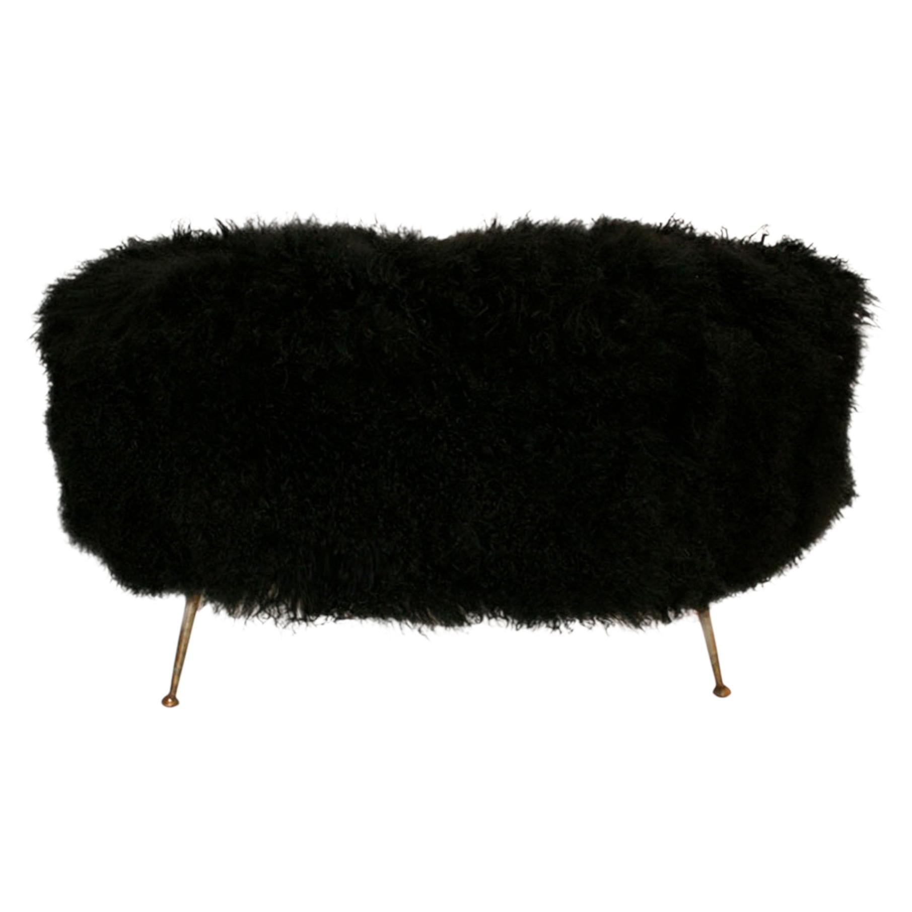 Mid-Century Modern Black Mongolian Goat and Bronze Italian Stool, 1950s