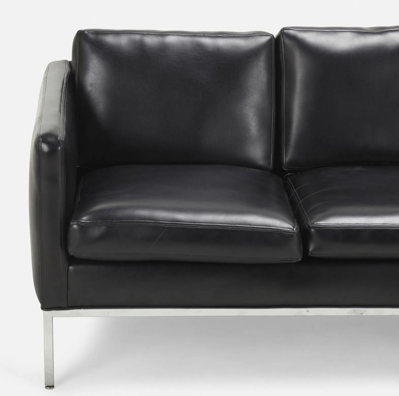 American Mid-Century Modern Black Naugahyde Faux Leather Chrome Sofa For Sale