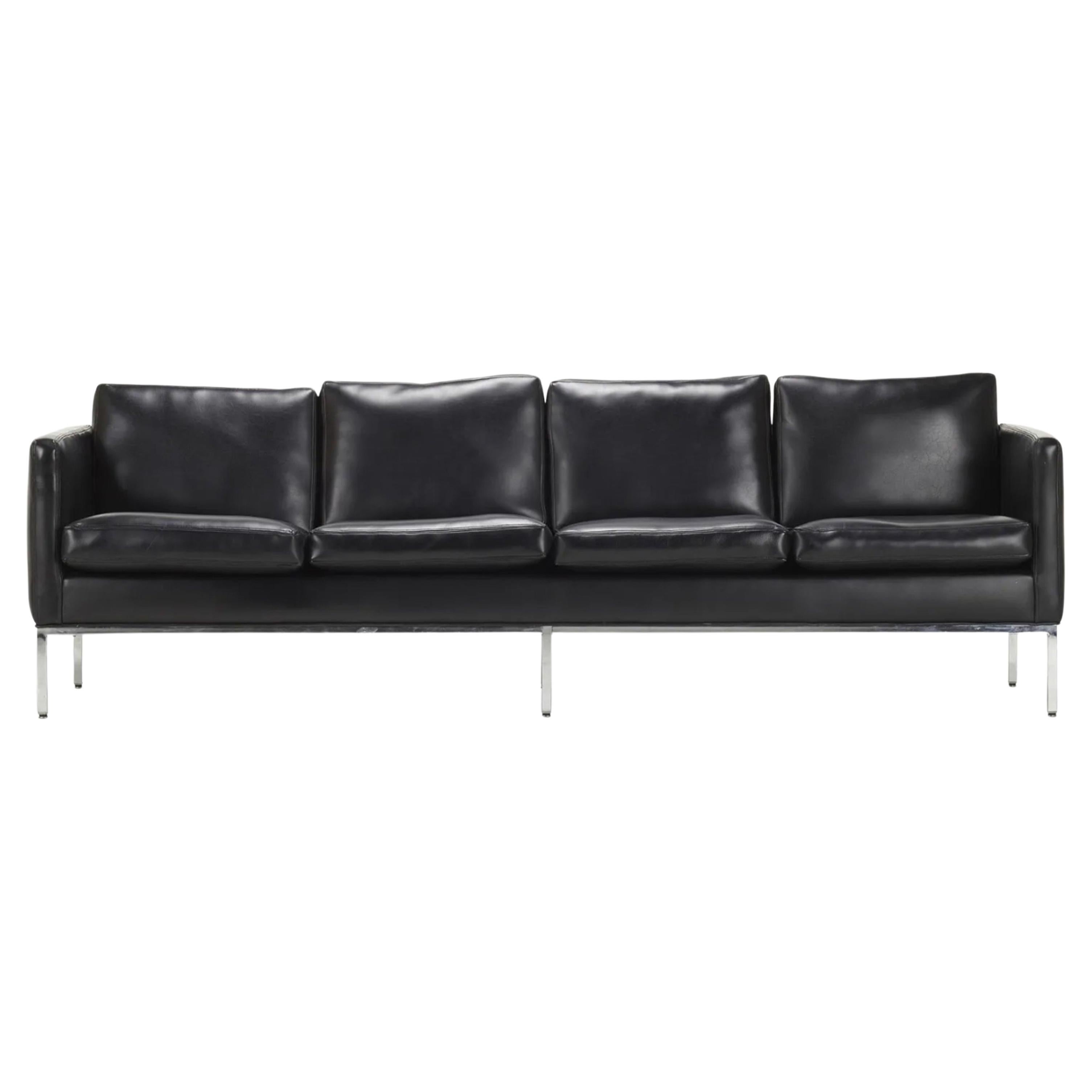 Mid-Century Modern Black Naugahyde Faux Leather Chrome Sofa