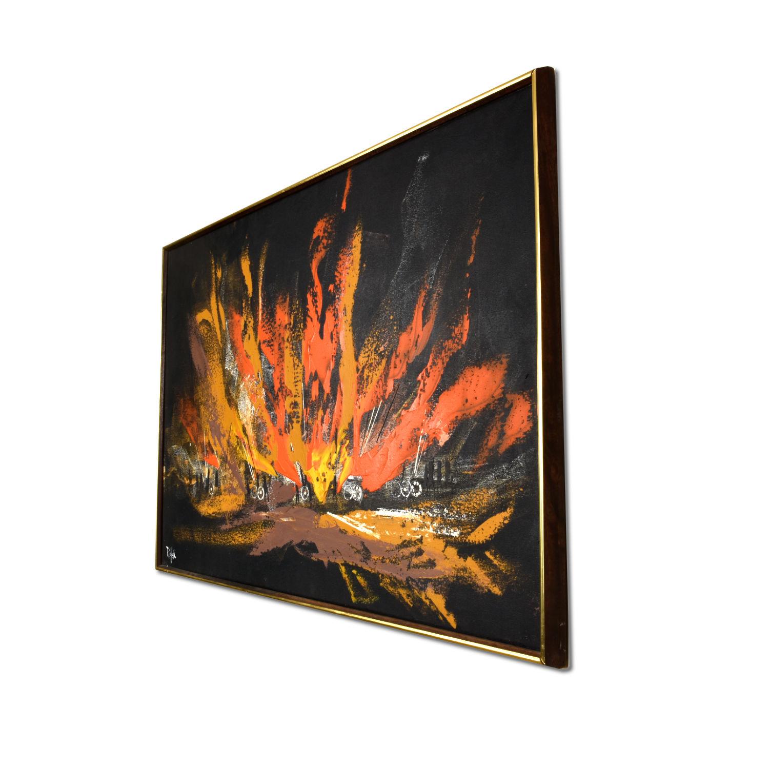 Mid-Century moderno Quadro di paesaggio nero, arancione e giallo della metà del secolo scorso, opera di Rutten in vendita