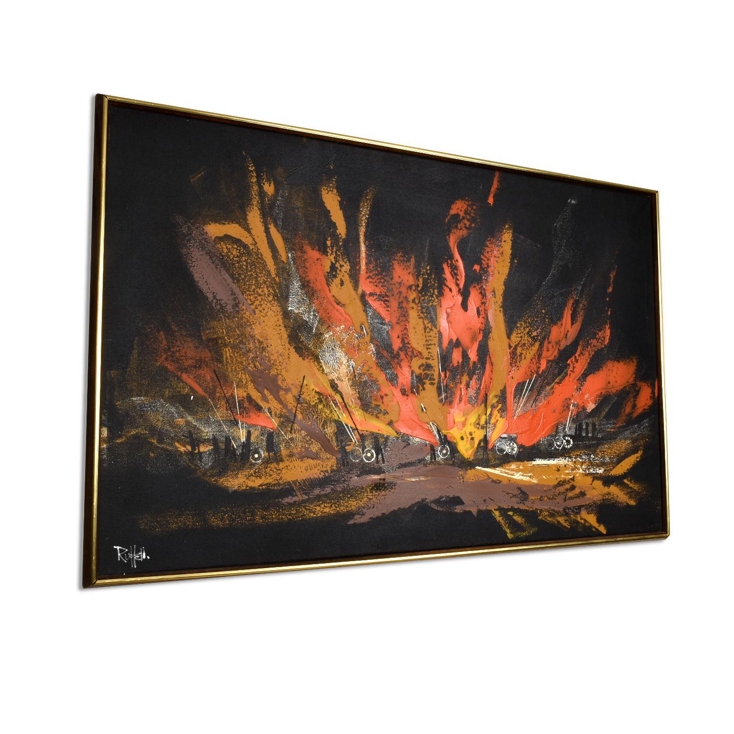 Tela Quadro di paesaggio nero, arancione e giallo della metà del secolo scorso, opera di Rutten in vendita