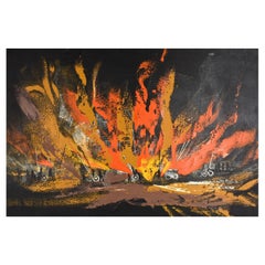 Mid-Century Modern Landscape Painting in Black, Orange, Yellow, 1960s
