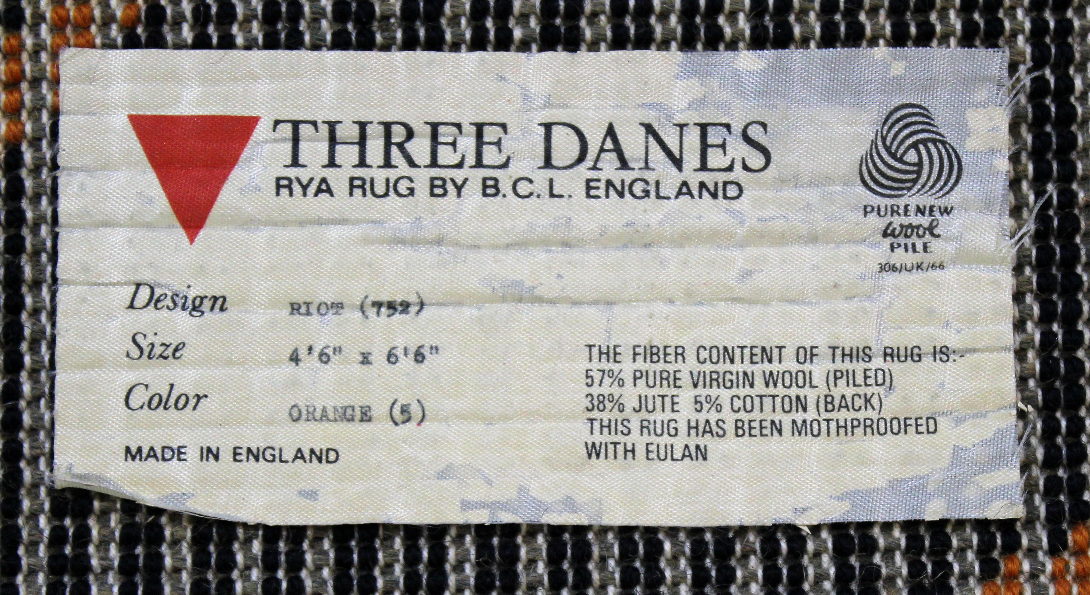Mid-Century Modern Black & Orange Rya Wool Shag Area Rug Carpet, 1970s, England 1
