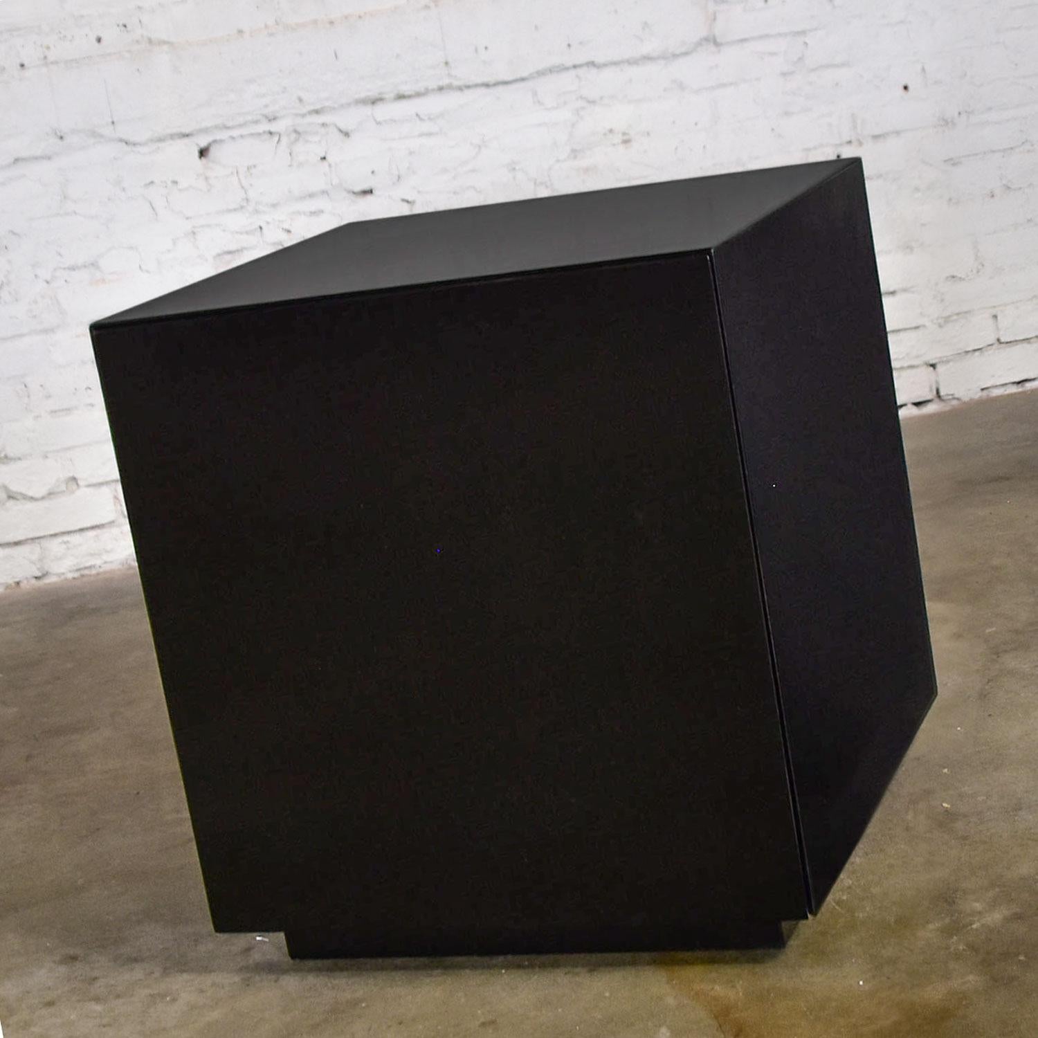 Awesome Mid-Century Modern black painted wood cube cabinet end table or cabinet side table. Wonderful vintage condition with a fresh coat of black paint with a coat of urethane for durability. Not without imperfections as you would expect with use.