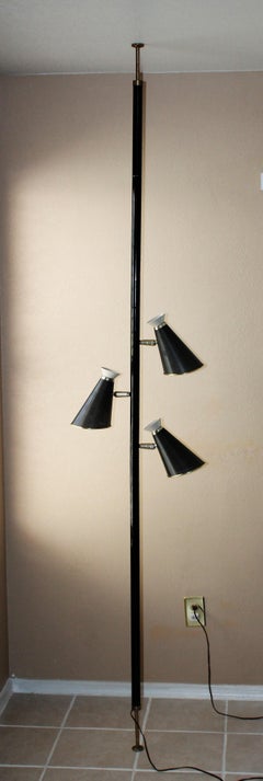 Mid Century Modern Black Screen Tension Pole Lamp. Atomic 1950s Floor Lightolier