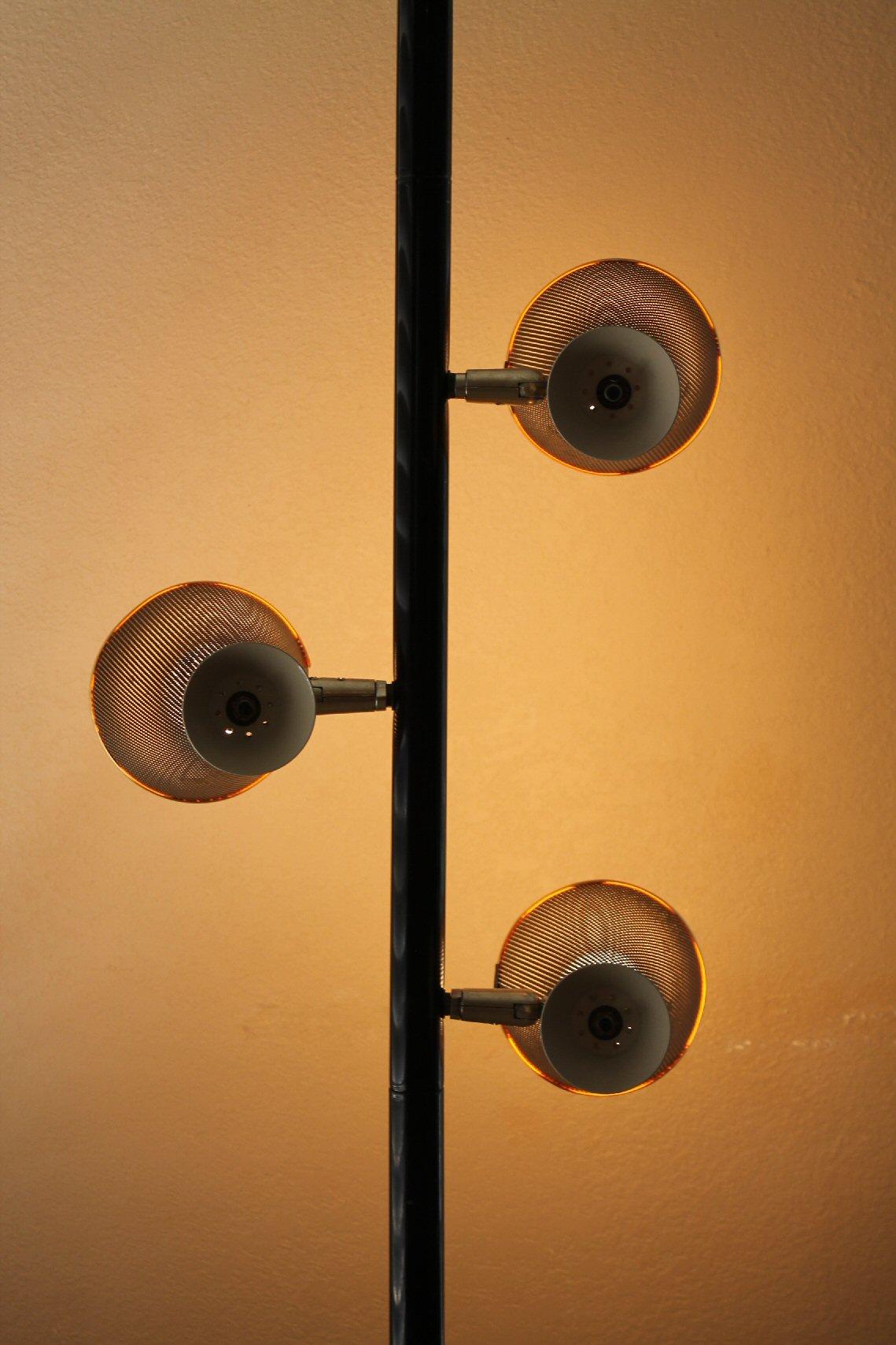 American Mid Century Modern Black Screen Tension Pole Lamp. Atomic 1950s Floor Lightolier