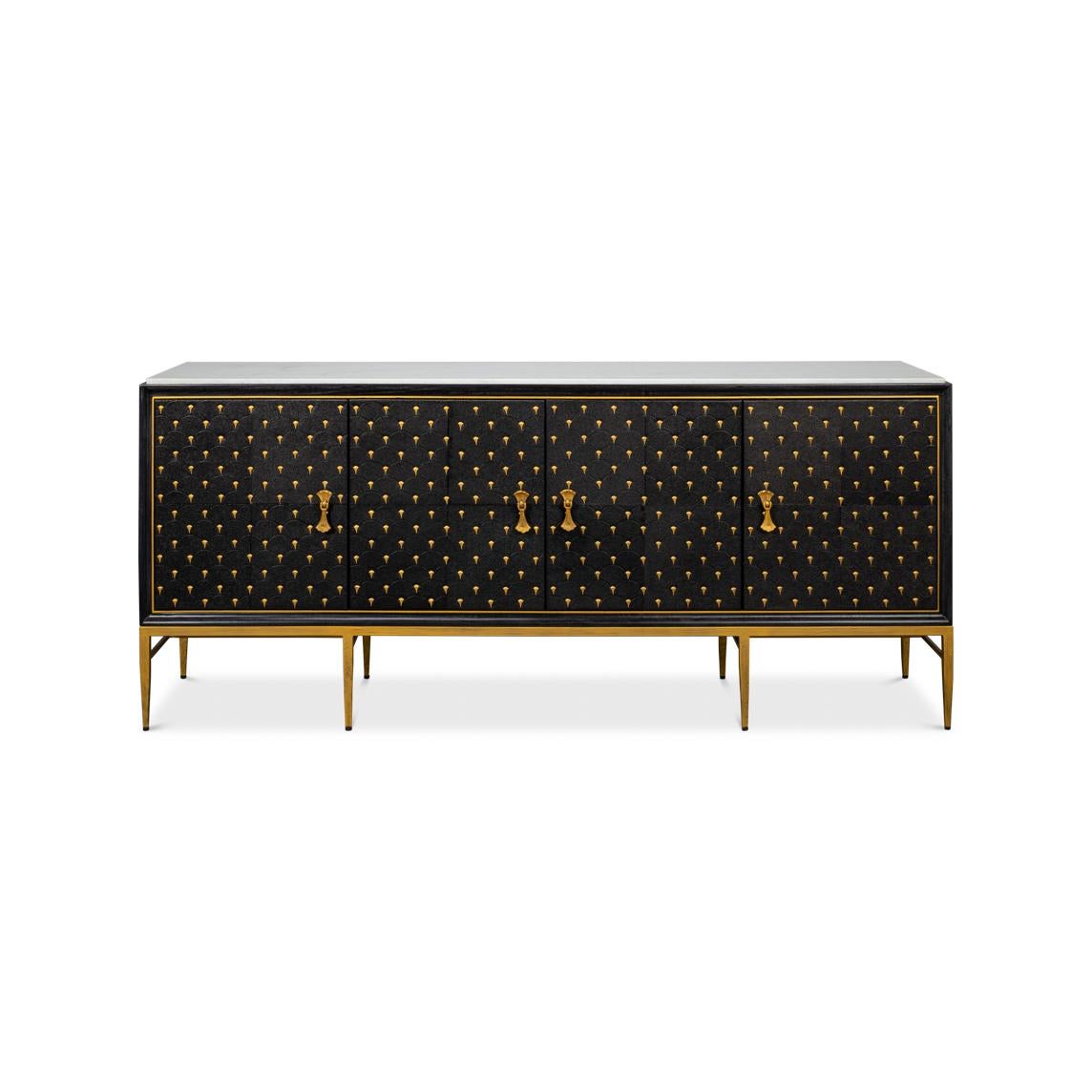 This beautifully crafted sideboard is a striking example of mid-century modern design reimagined for contemporary living. The unit features rich, dark tones contrasted by the Italian Satuario Marble top and gilded highlights.

The front of the