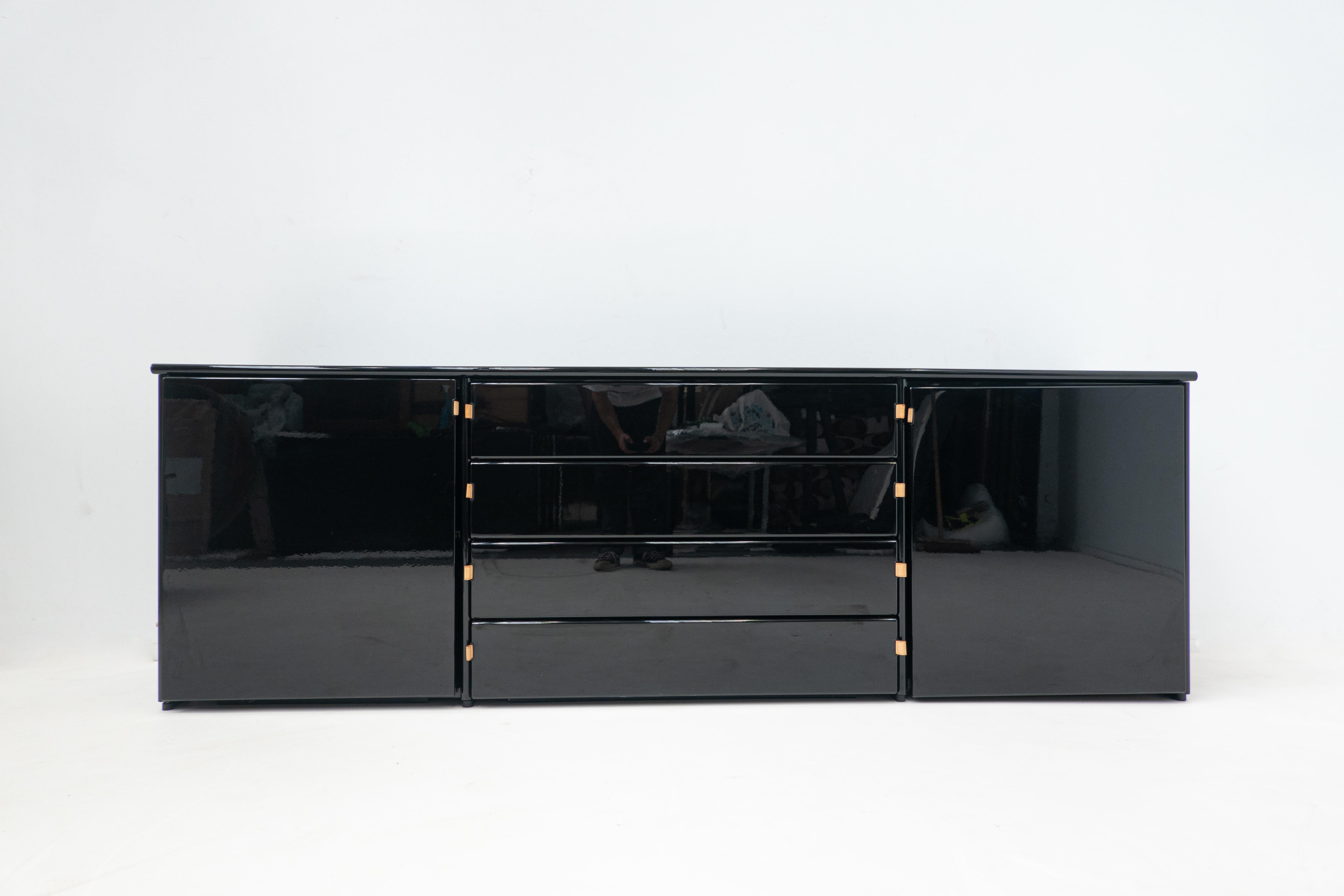 Mid-Century Modern black sideboard, Leather Handles, Italy, 1960s.