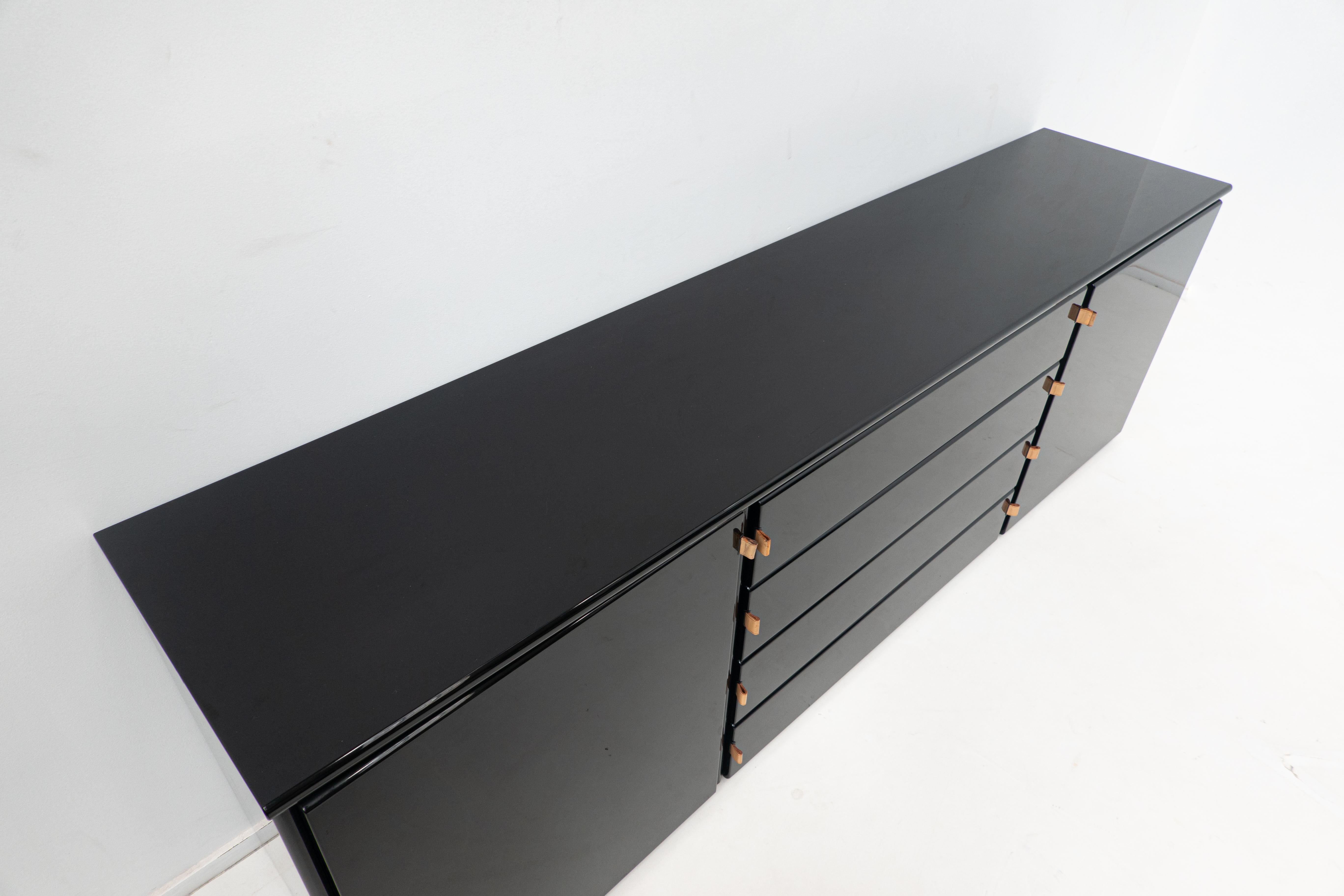 Mid-20th Century Mid-Century Modern Black Sideboard, Leather Handles, Italy, 1960s