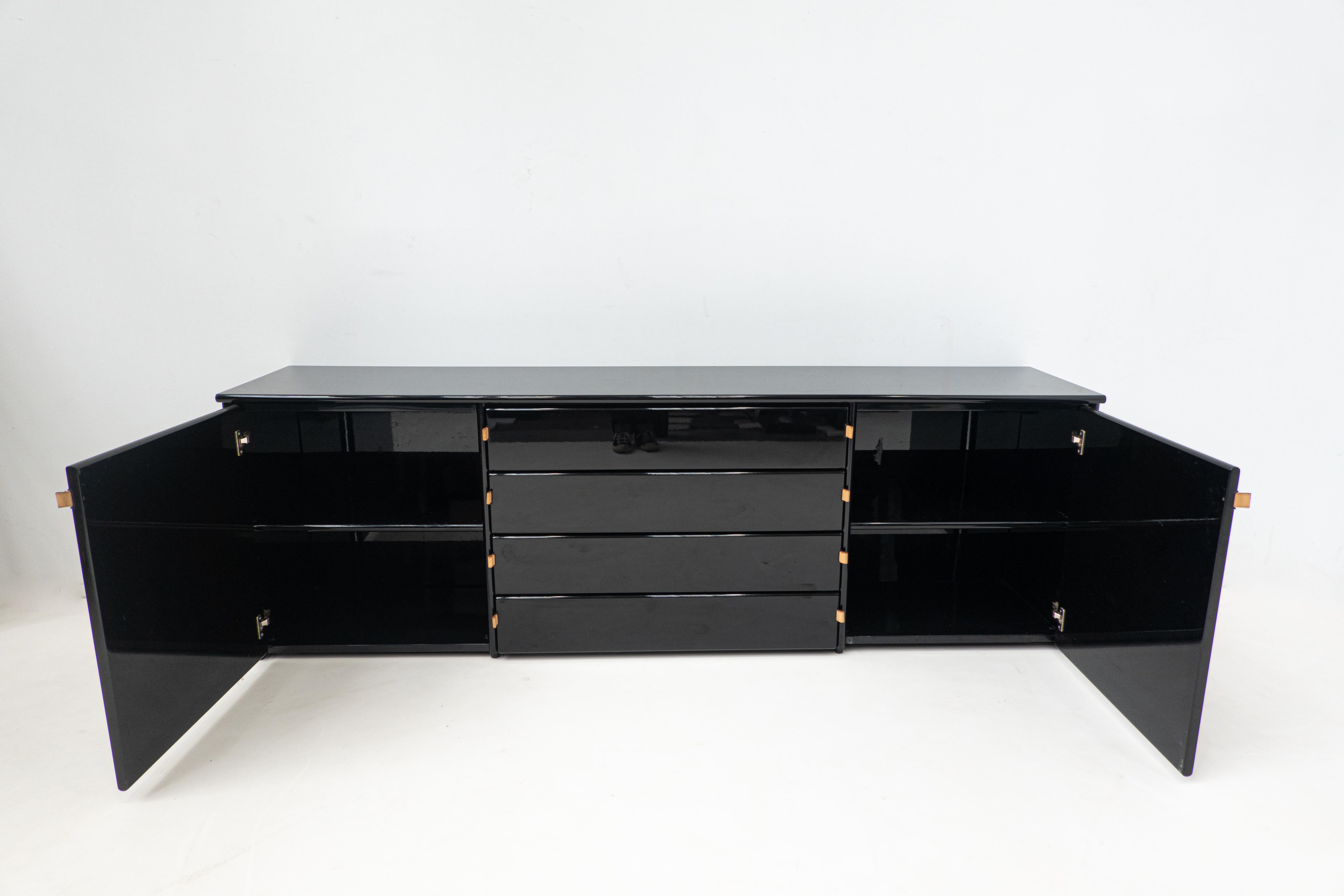 Mid-Century Modern Black Sideboard, Leather Handles, Italy, 1960s 1