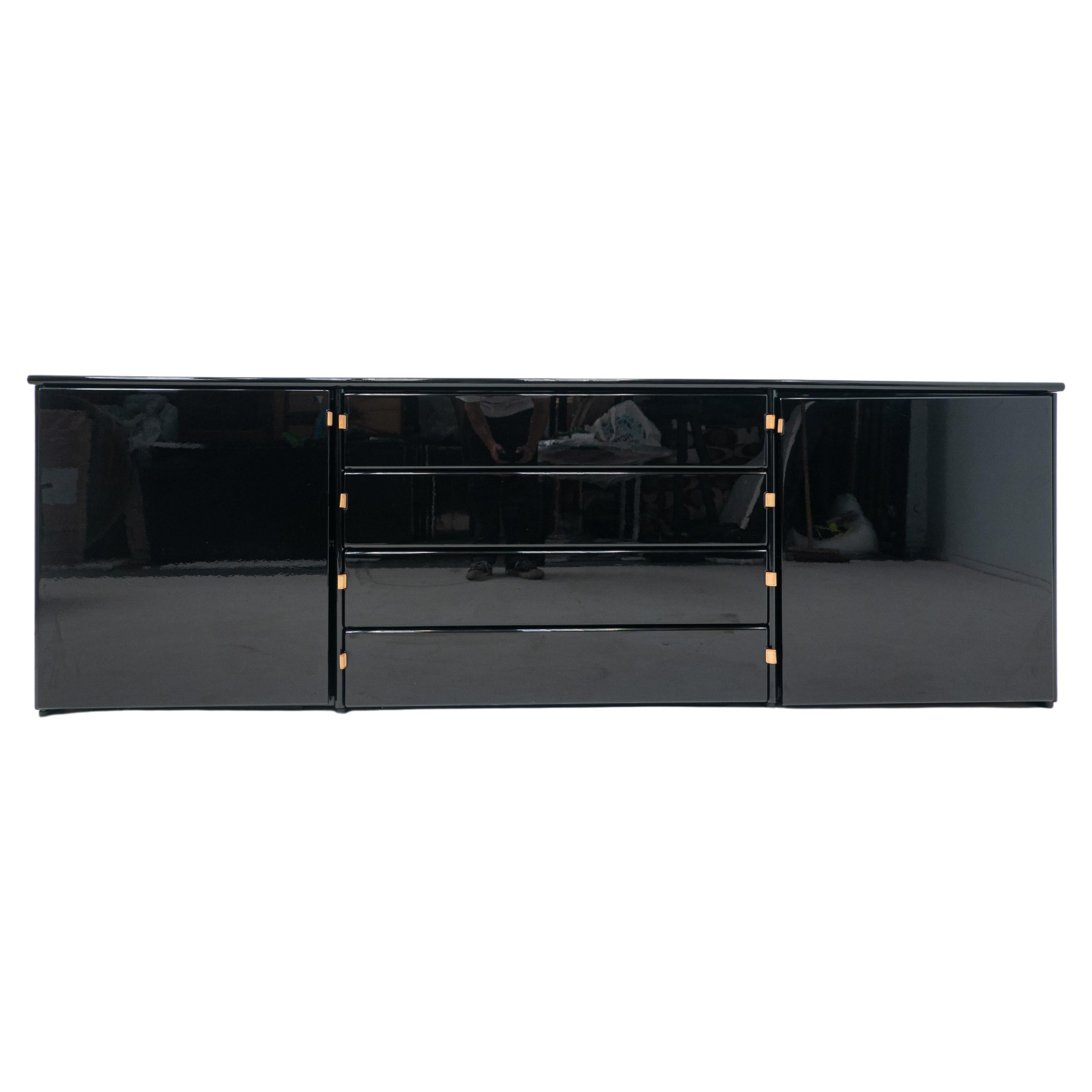 Mid-Century Modern Black Sideboard, Leather Handles, Italy, 1960s