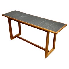 Vintage Mid-Century Modern Black Slate Tile Teak Console Table, circa 1960s