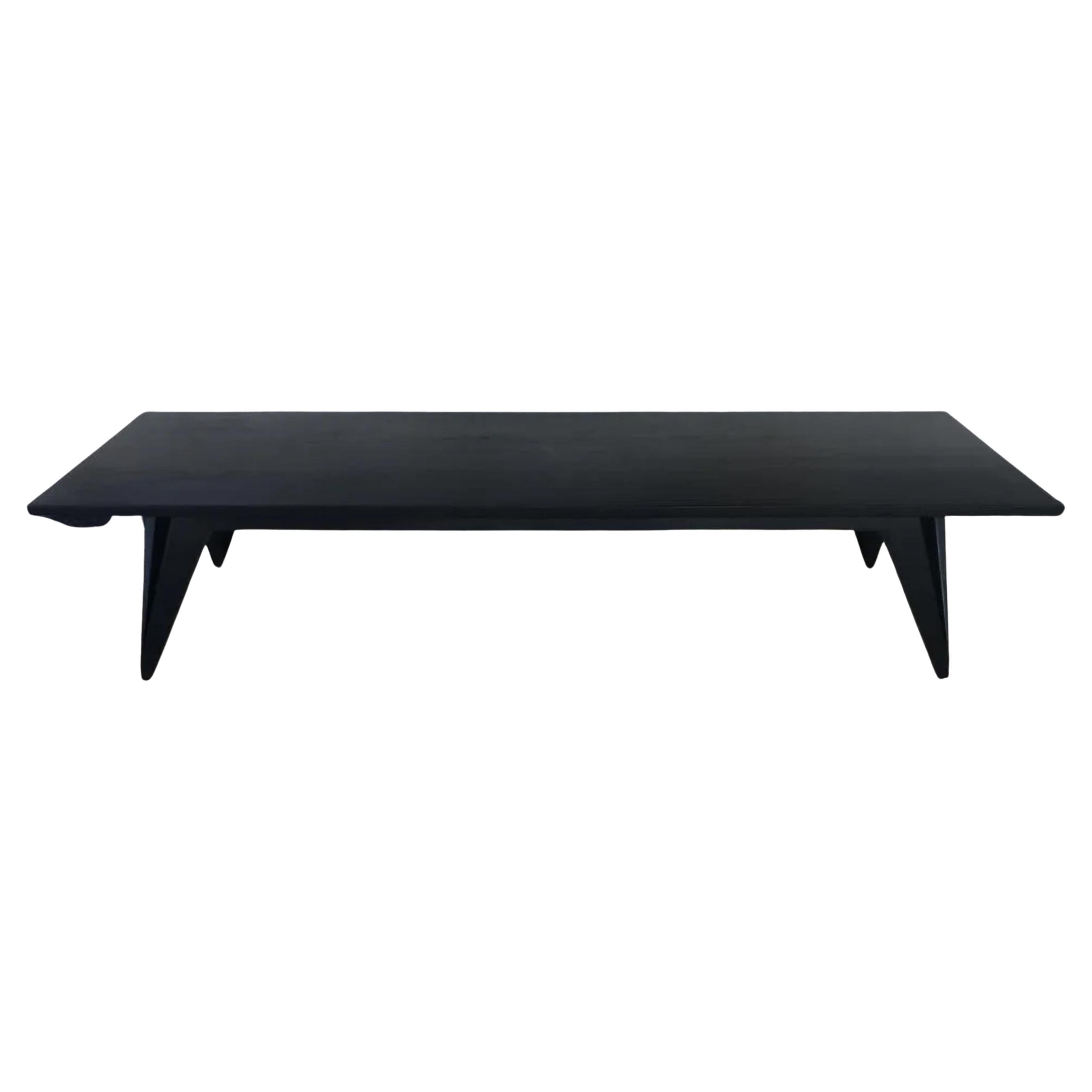 American Mid-Century Modern Black Solid Wood Bench with split tapered legs For Sale