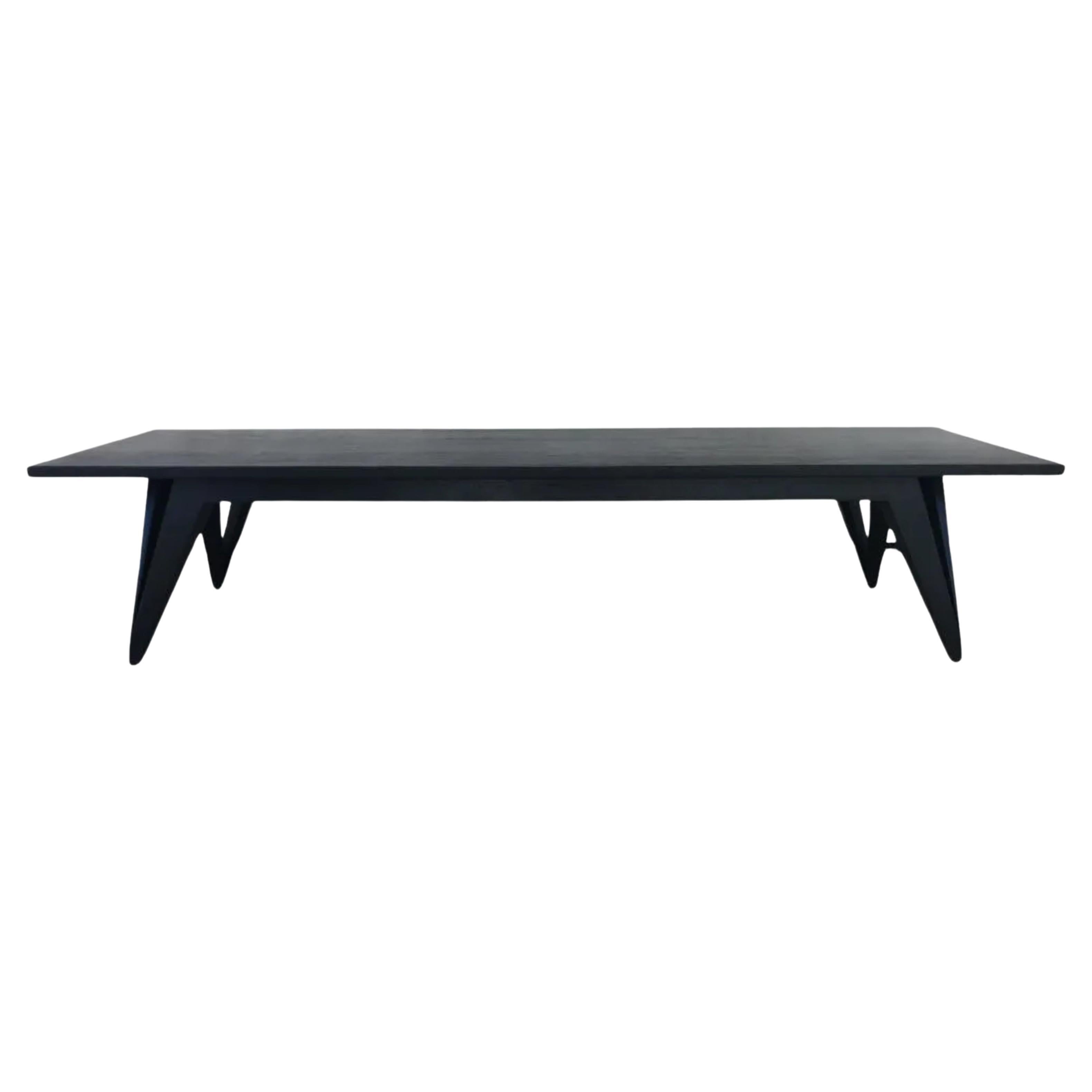 Mid-Century Modern Black Solid Wood Bench with split tapered legs For Sale