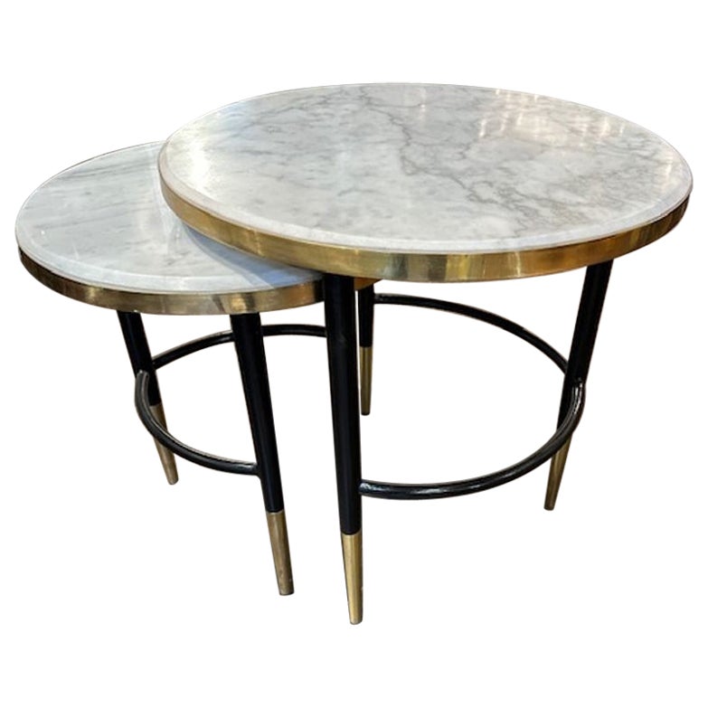 Mid Century Modern Black Steel and Brass Nesting Tables with Marble Tops For Sale