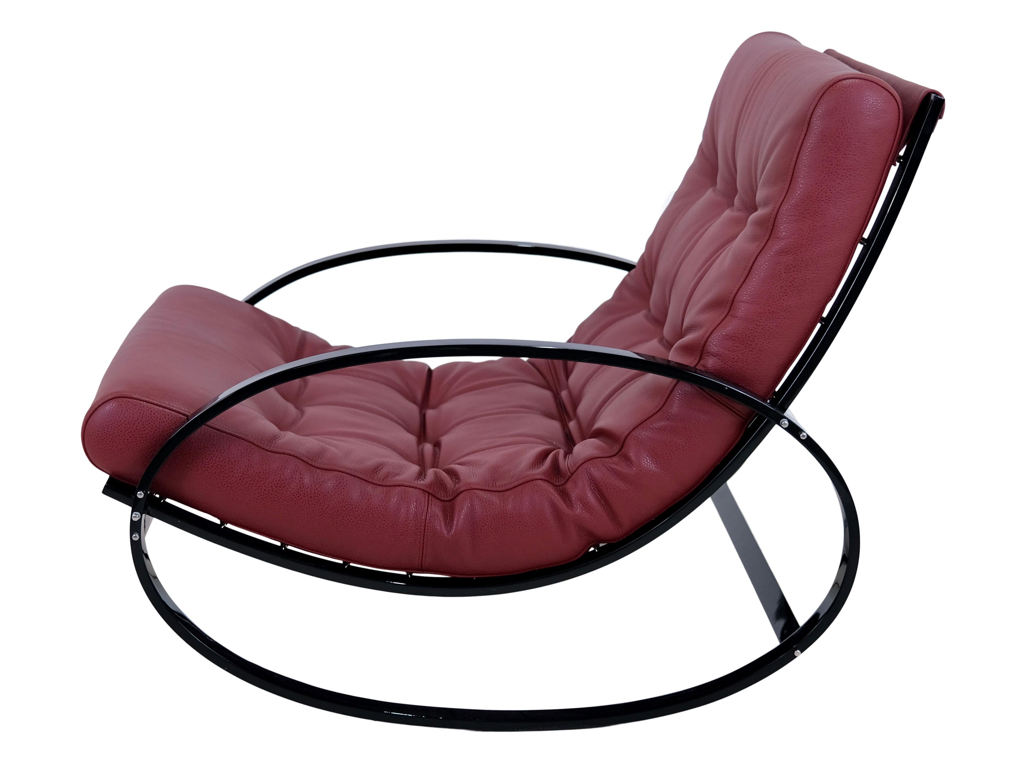 French Mid-Century Modern Black Steel Tube Rocking Chairs with Red Leather Upholstery For Sale