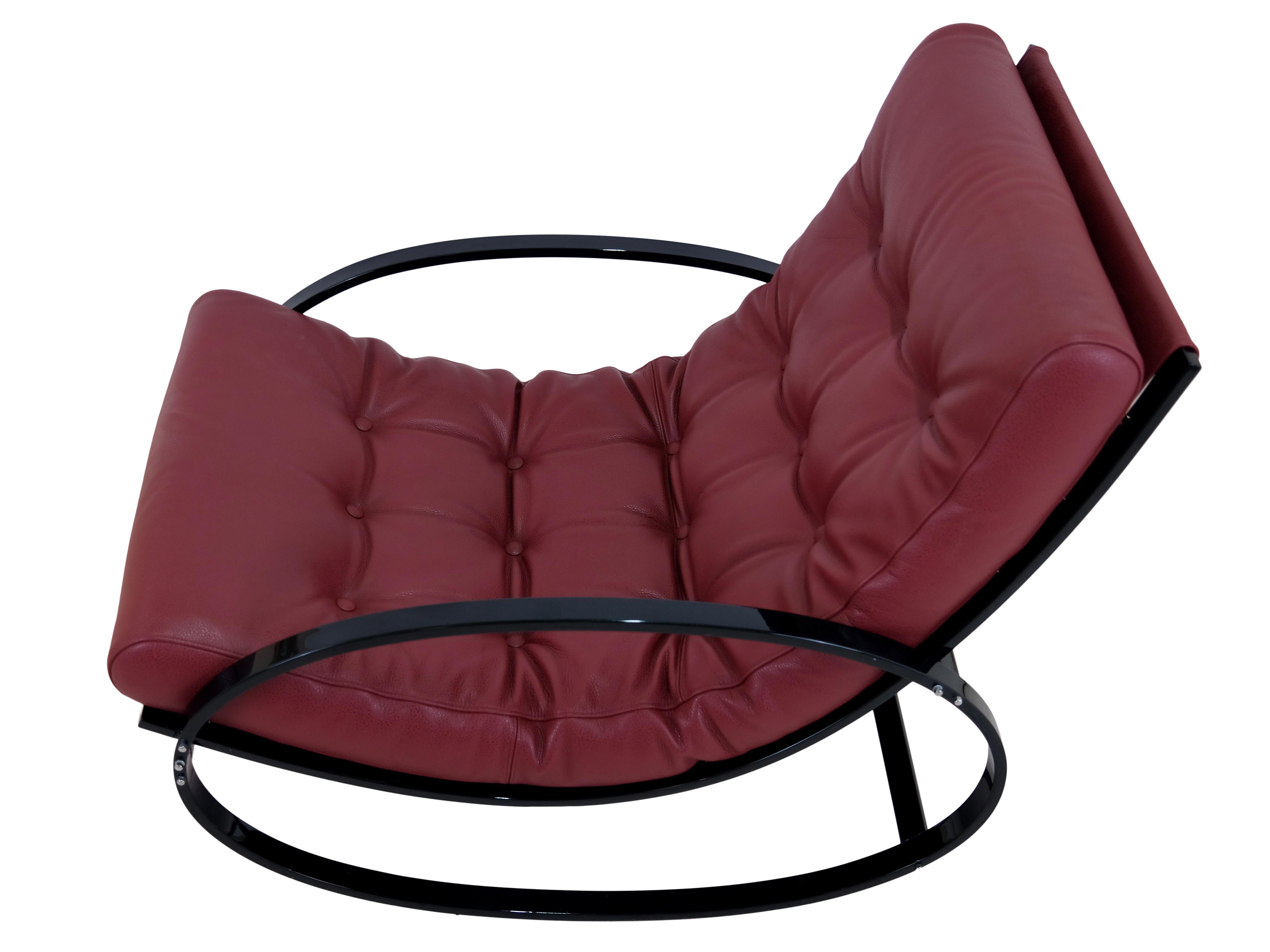 Lacquered Mid-Century Modern Black Steel Tube Rocking Chairs with Red Leather Upholstery For Sale