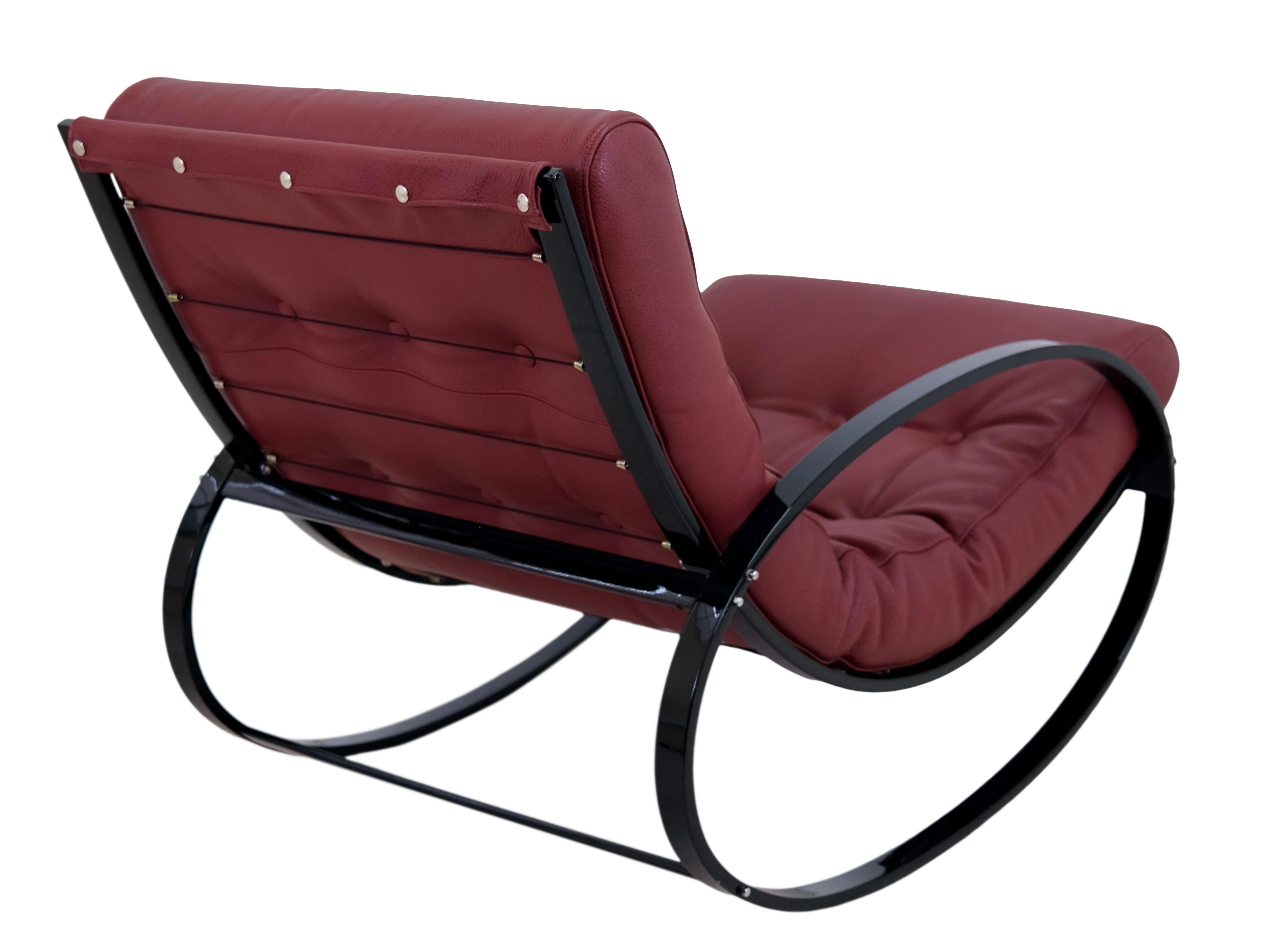 Mid-Century Modern Black Steel Tube Rocking Chairs with Red Leather Upholstery In Good Condition For Sale In Ulm, DE