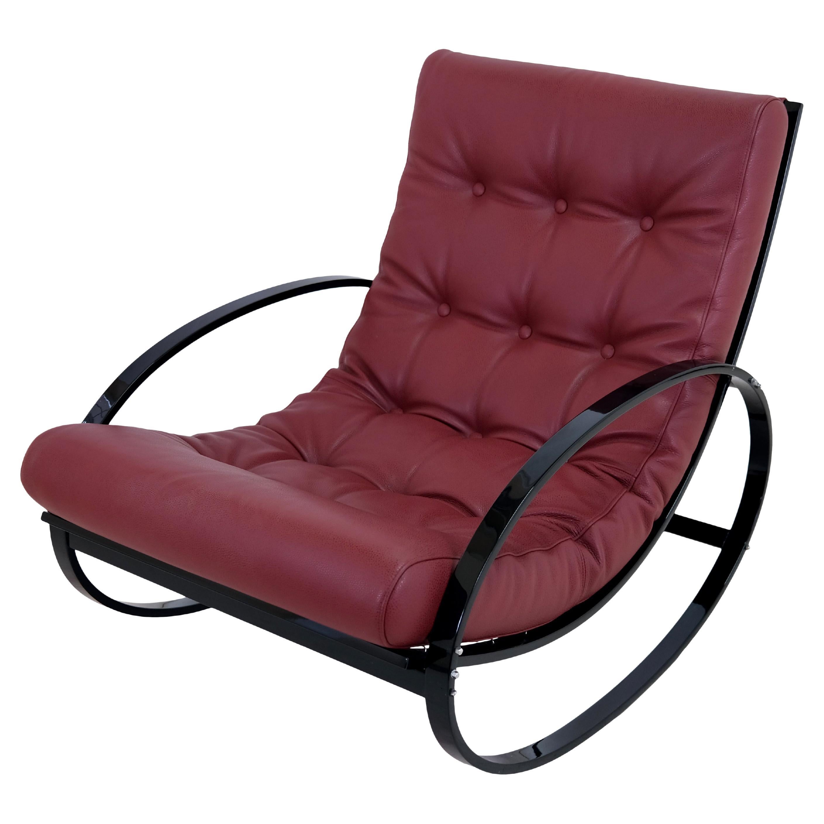 Mid-Century Modern Black Steel Tube Rocking Chairs with Red Leather Upholstery For Sale
