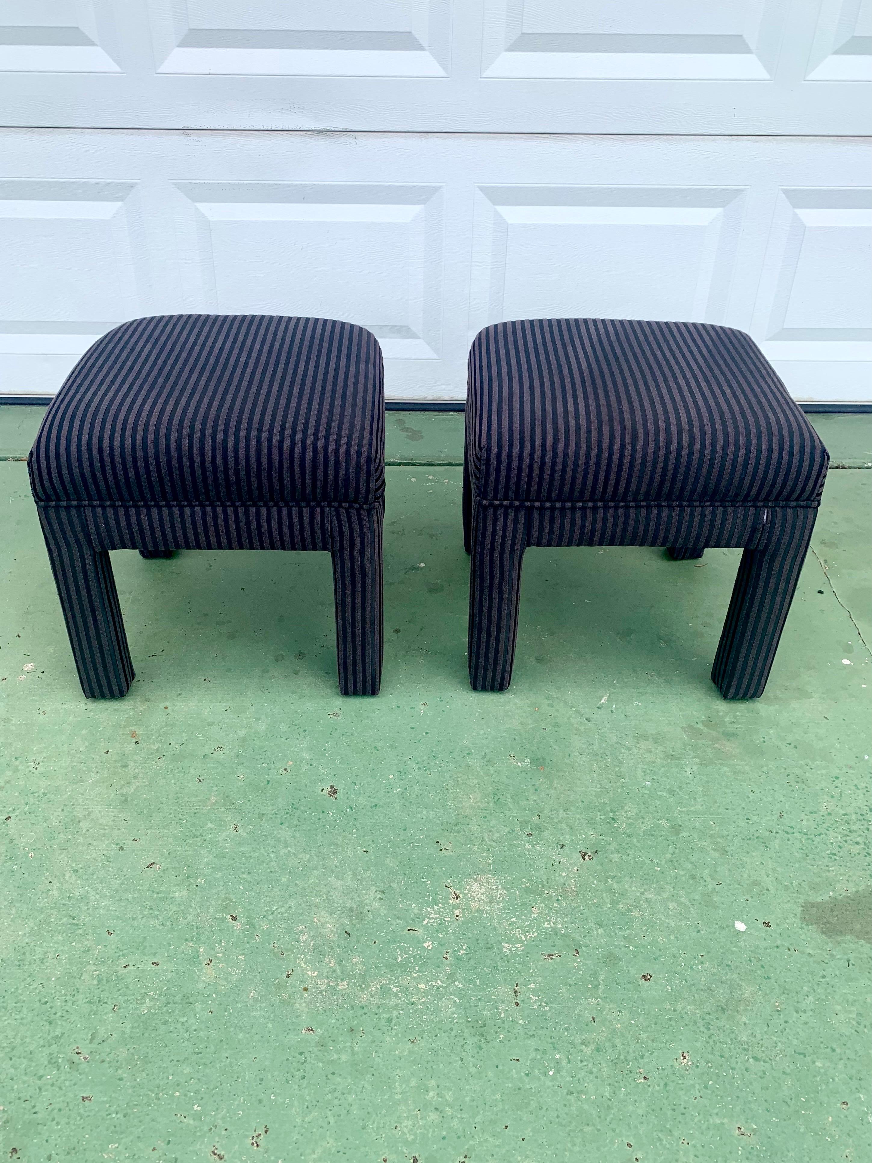 American Mid-Century Modern Black Striped Parsons Stools in the Style of Milo Baughman For Sale