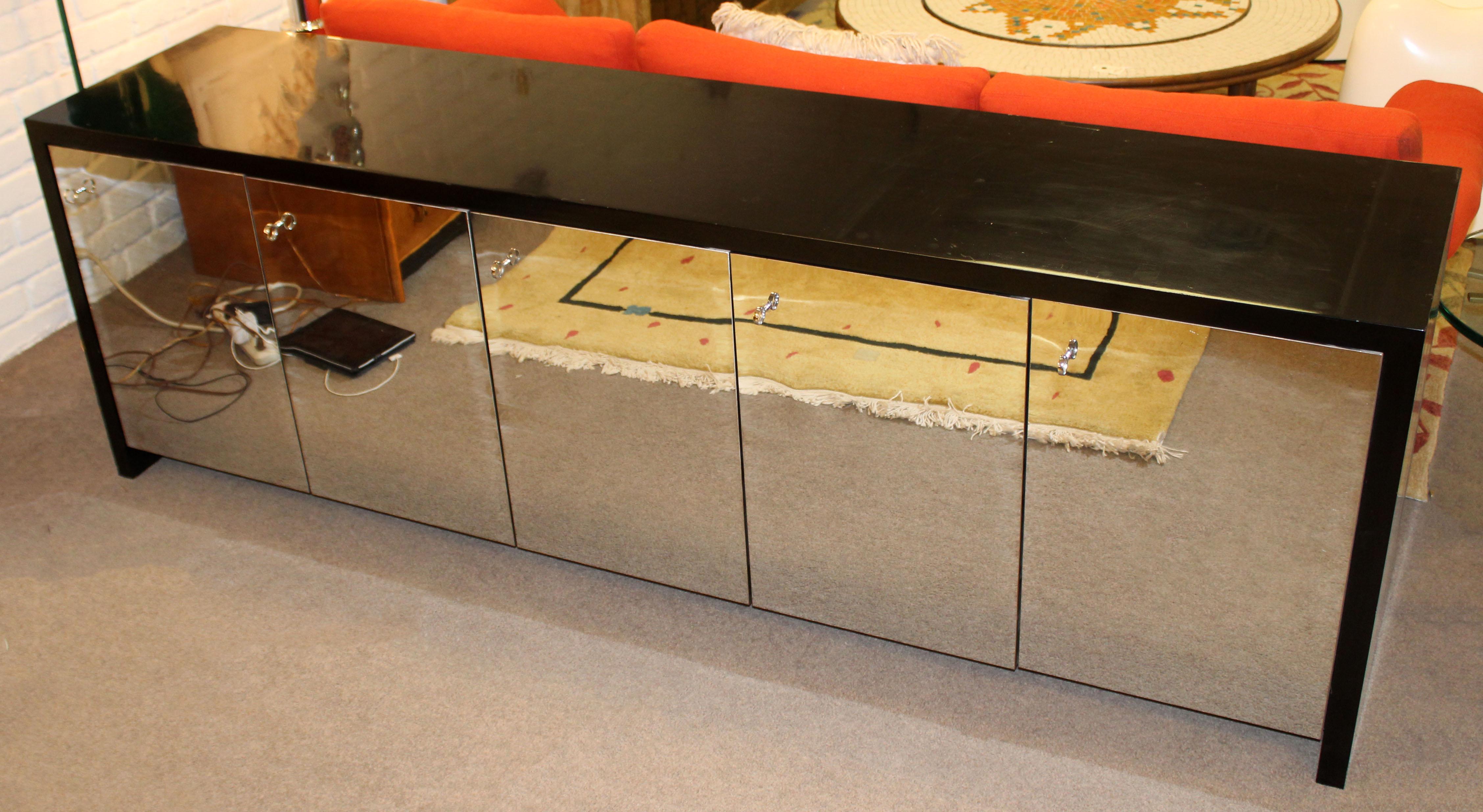 American Mid-Century Modern Black Thayer Coggin Lacquer Mirrored Credenza 1970s Ello Era